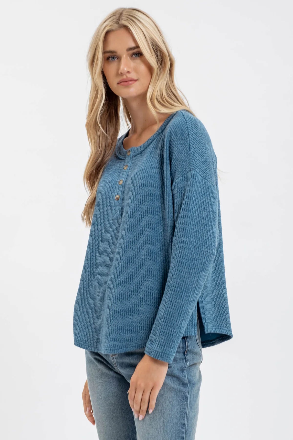 Waffle Knit Long Sleeve Henley Teal