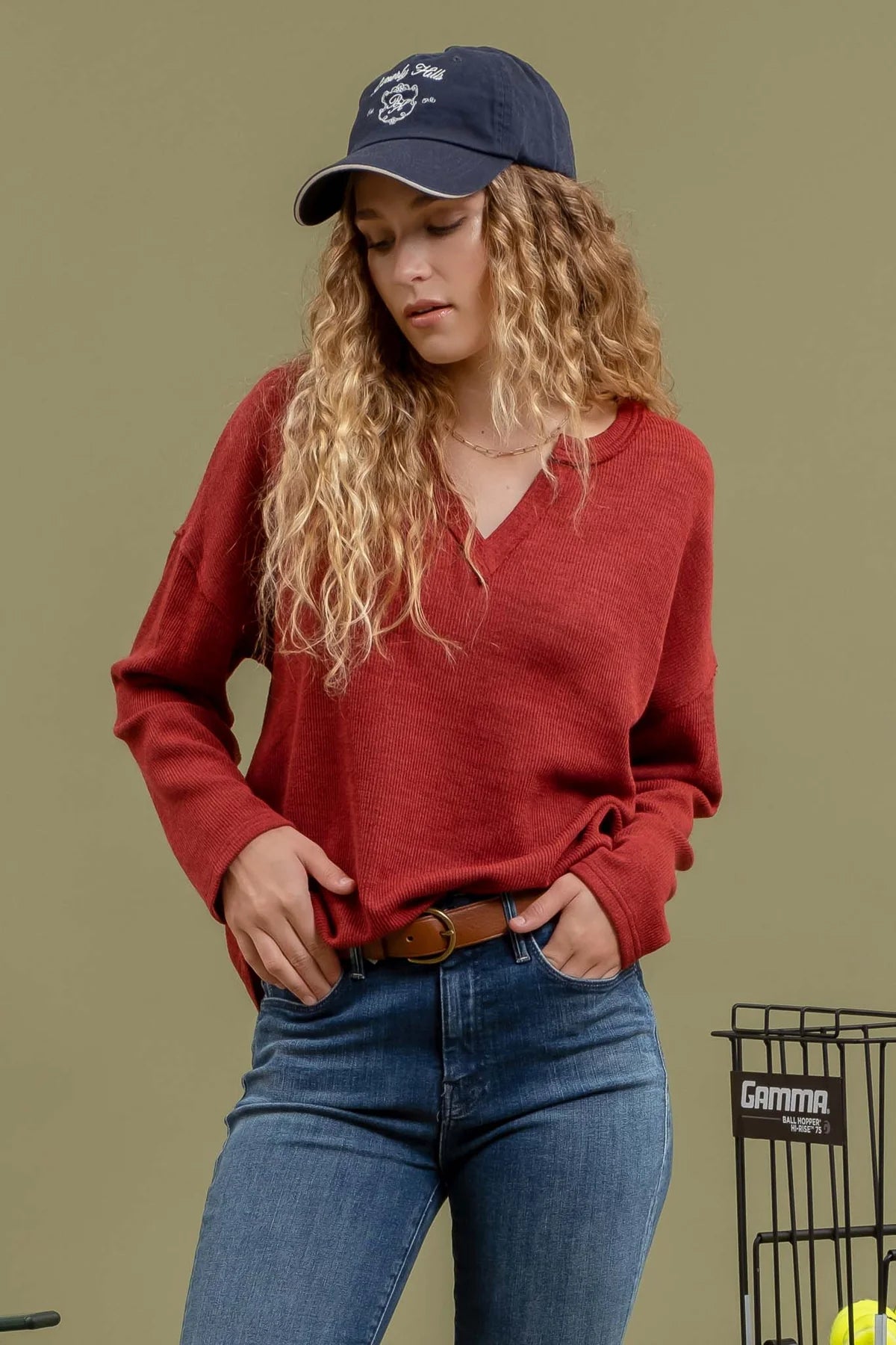 Sale Notch Split Neckline Drop Shoulder Long Sleeve Top Burgundy