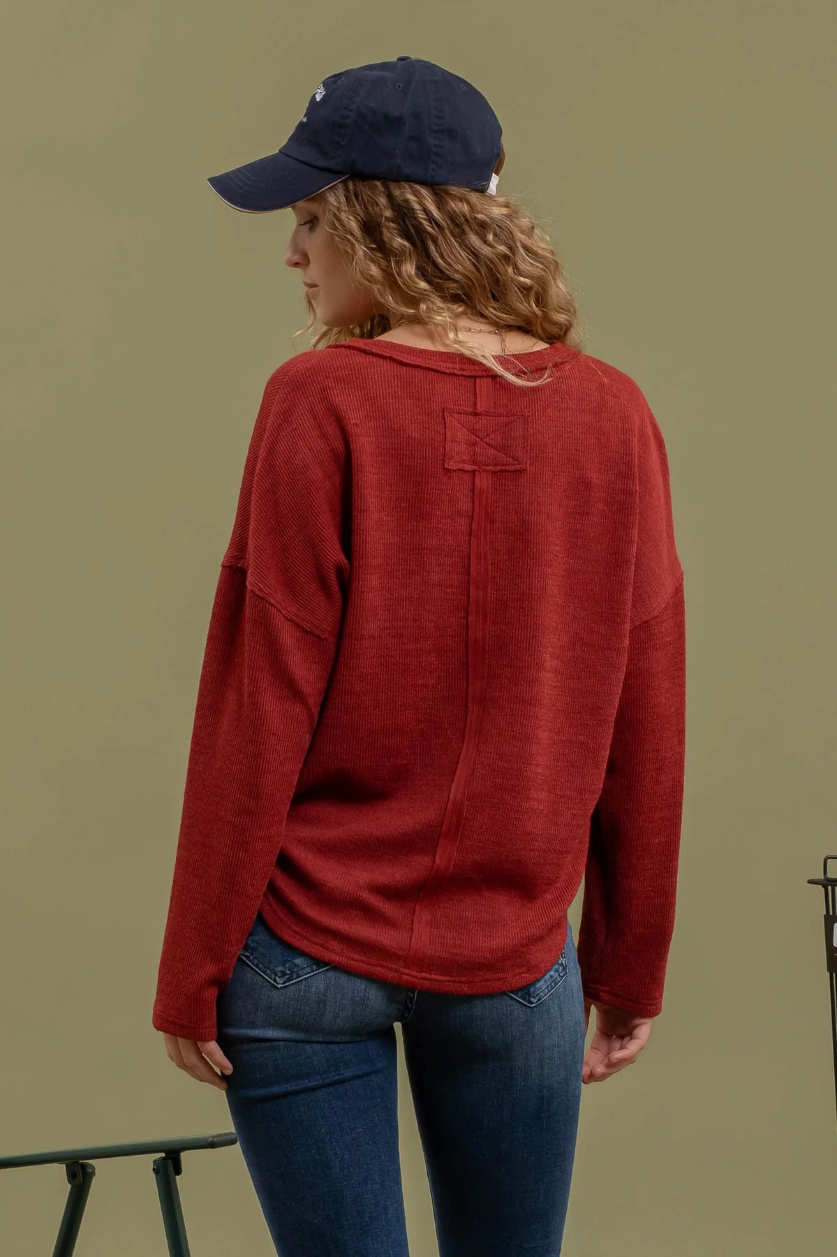 Sale Notch Split Neckline Drop Shoulder Long Sleeve Top Burgundy