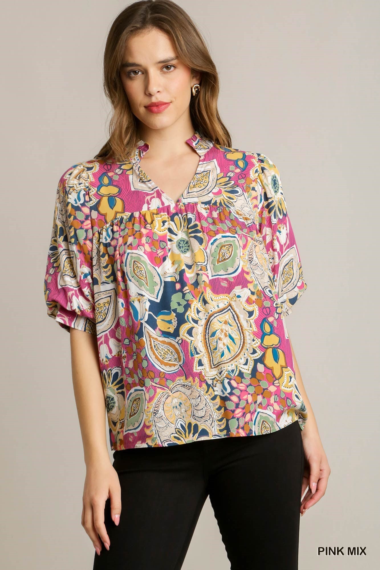 Puff Sleeve Split Neck Mixed Print Pleated Top