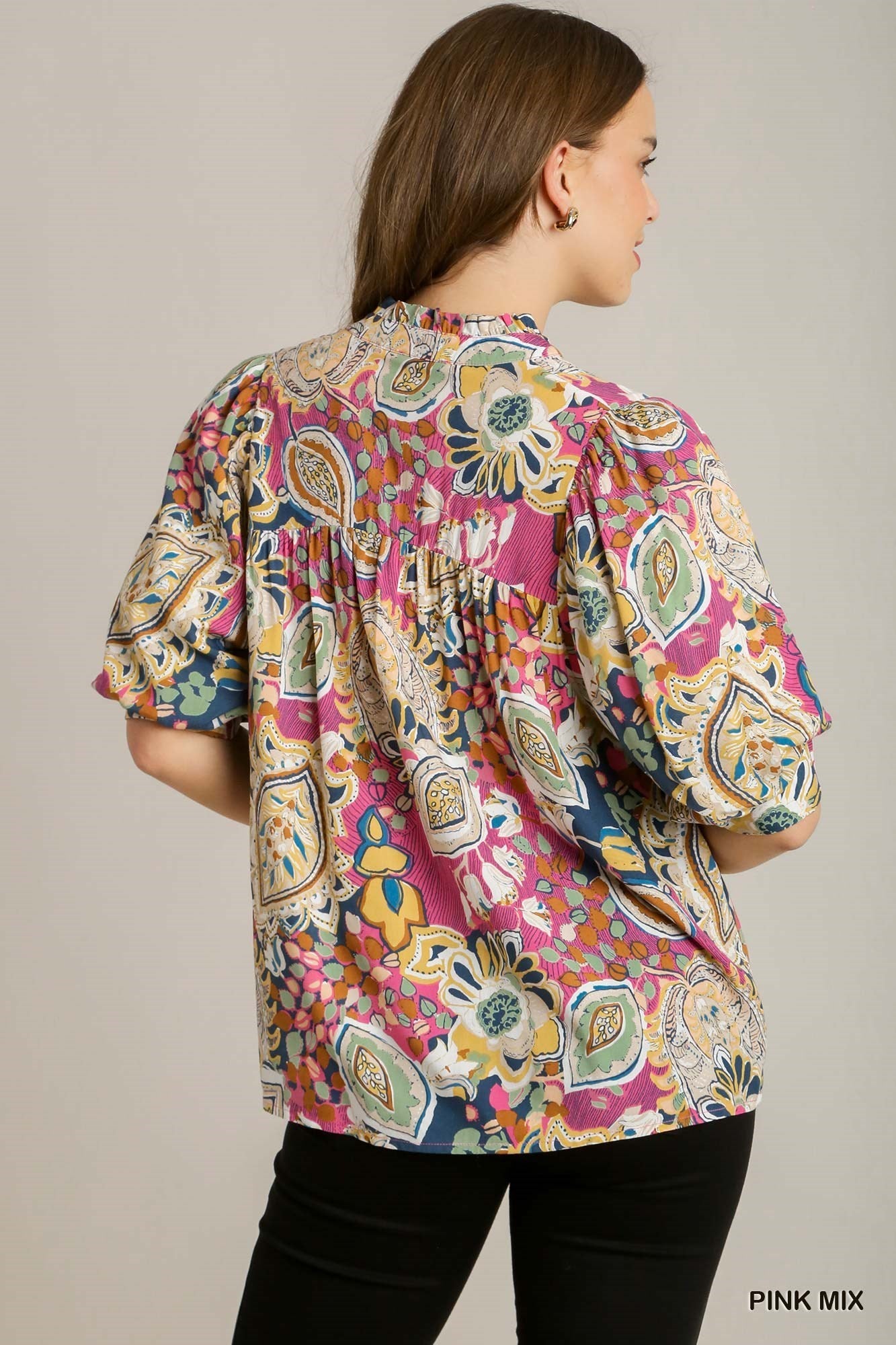 Puff Sleeve Split Neck Mixed Print Pleated Top