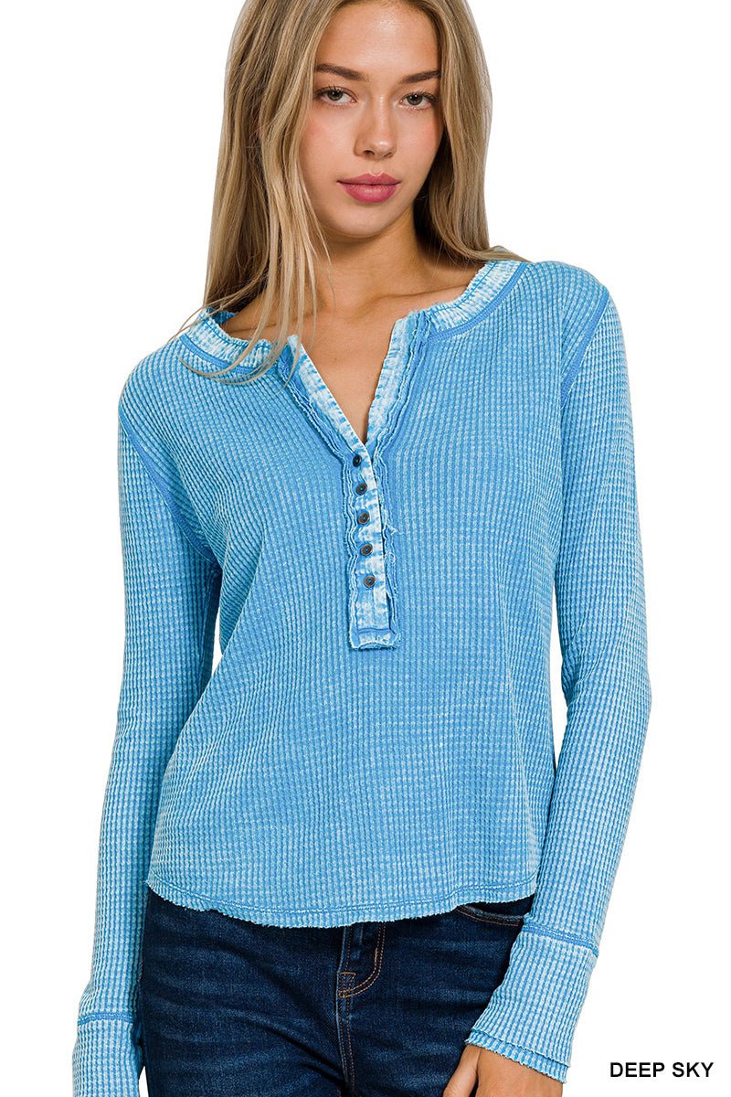 Washed Baby Waffle Henley Neckline Long Sleeve Top Deep Sky