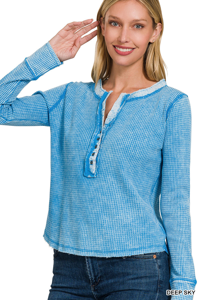 Washed Baby Waffle Henley Neckline Long Sleeve Top Deep Sky