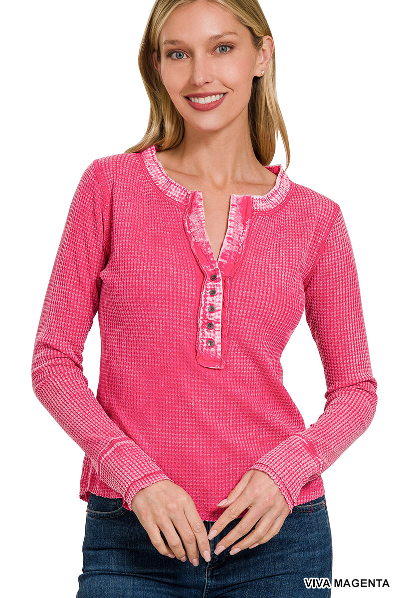 Washed Baby Waffle Henley Neckline Long Sleeve Top Viva Magenta