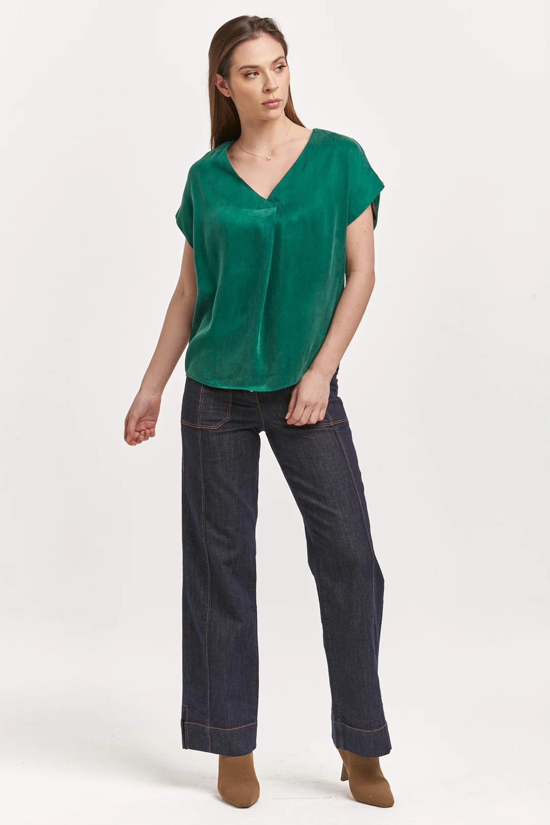 Kristen V-Neck Short Sleeve Top Deep Emerald