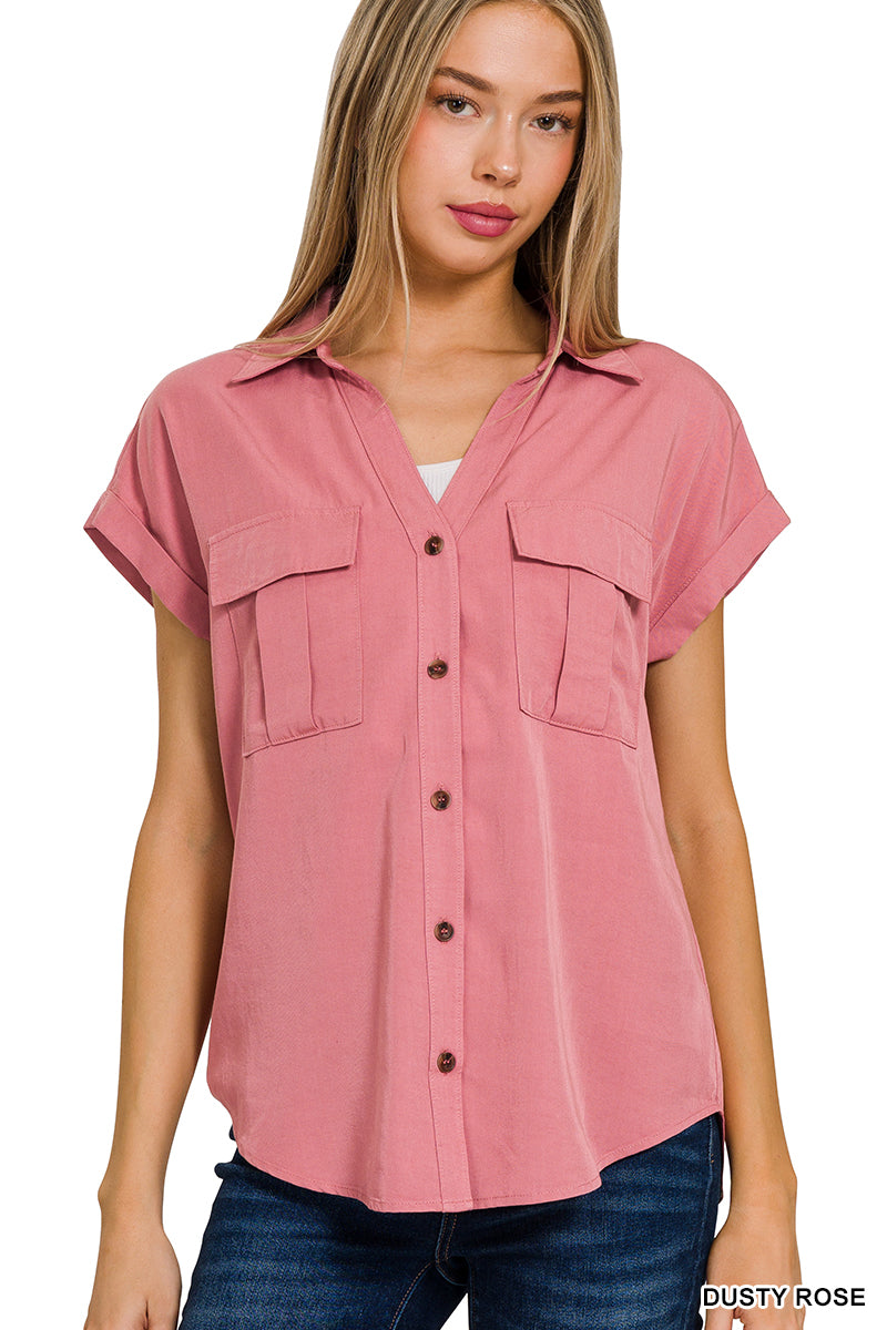 Sale V-Neck Collared Top w/Front Flap Pockets