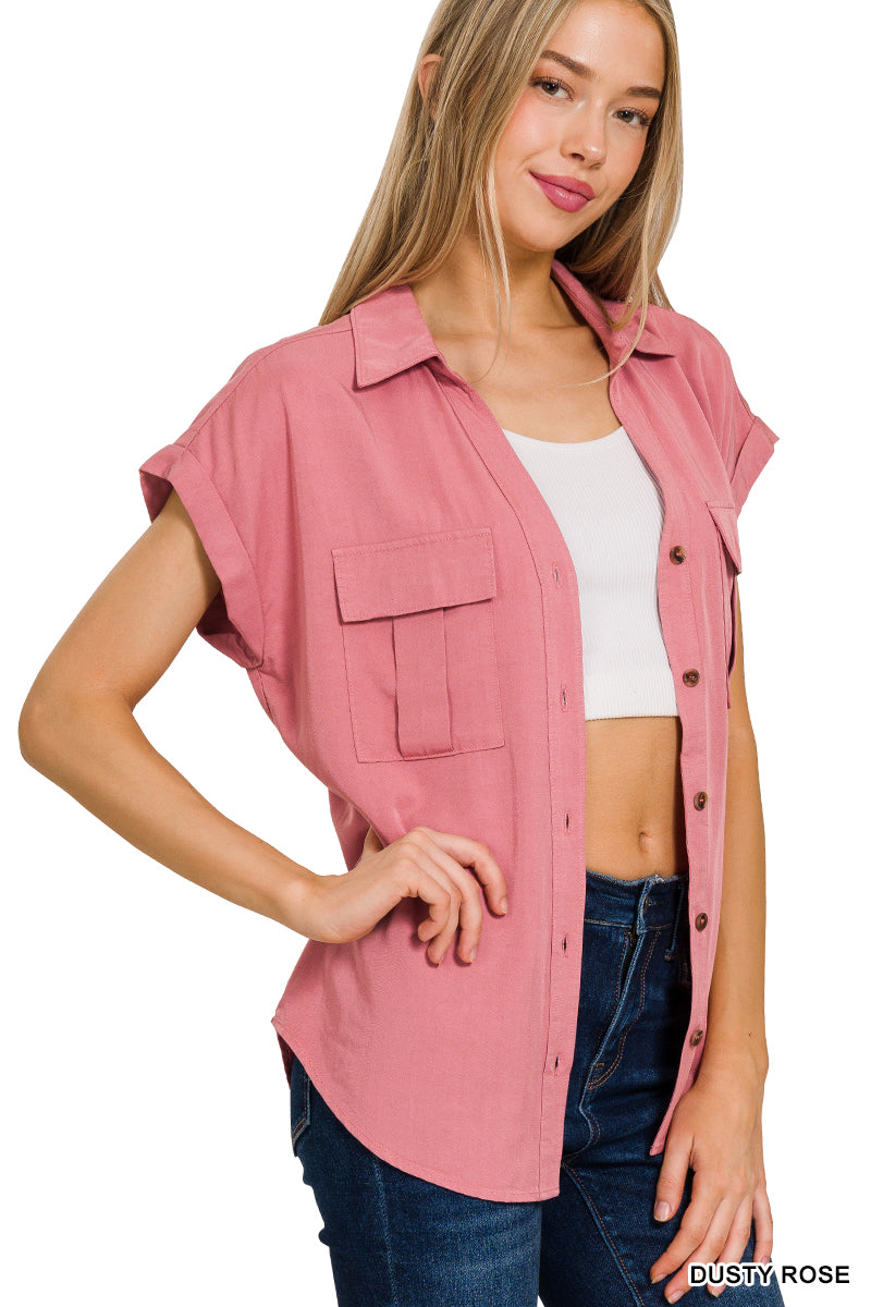 Sale V-Neck Collared Top w/Front Flap Pockets