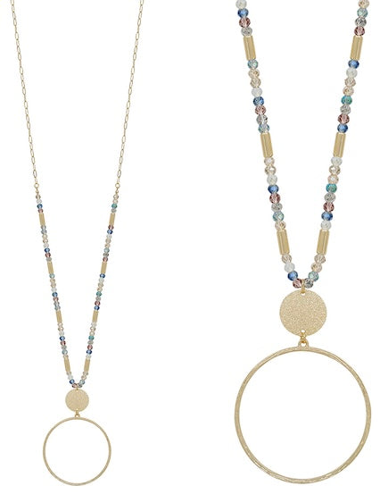 Fair Long Necklace w/Multi Colored Stones and Circle Pendant