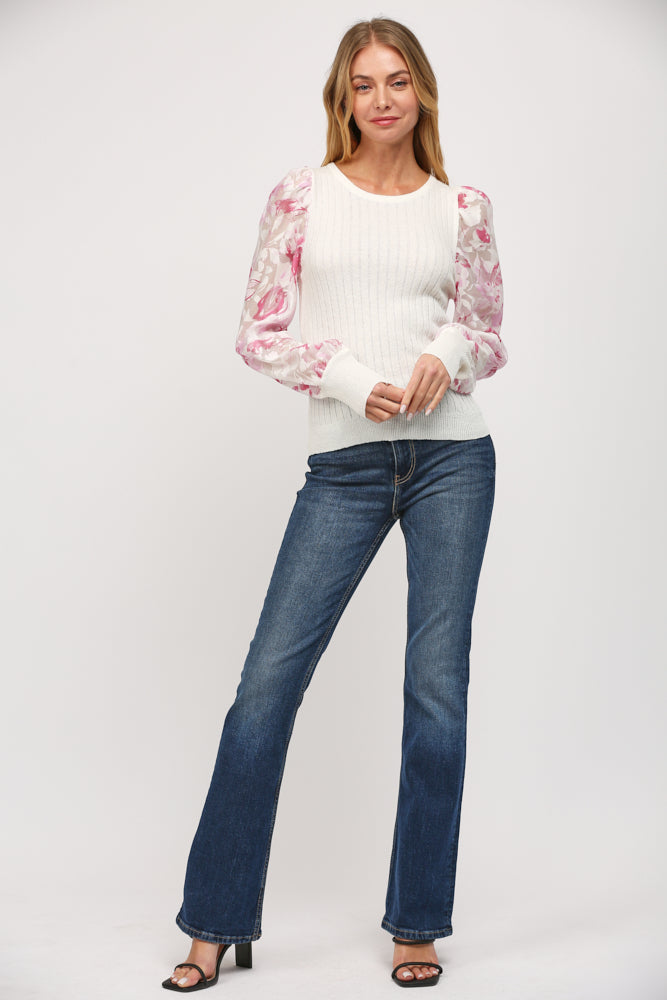 Floral Print Organza Sleeve Cable Knit Sweater Cream Pink