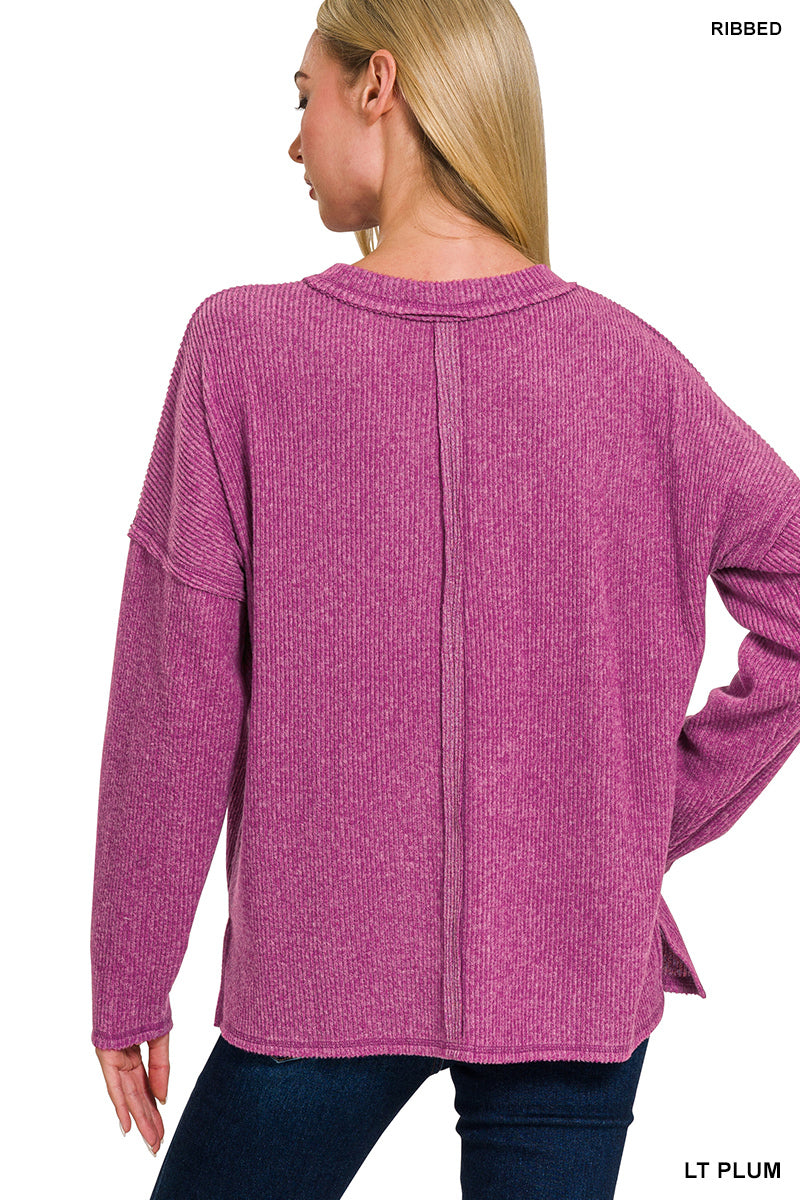 Ribbed Brushed Melange Hacci Sweater w/Pocket Light Plum