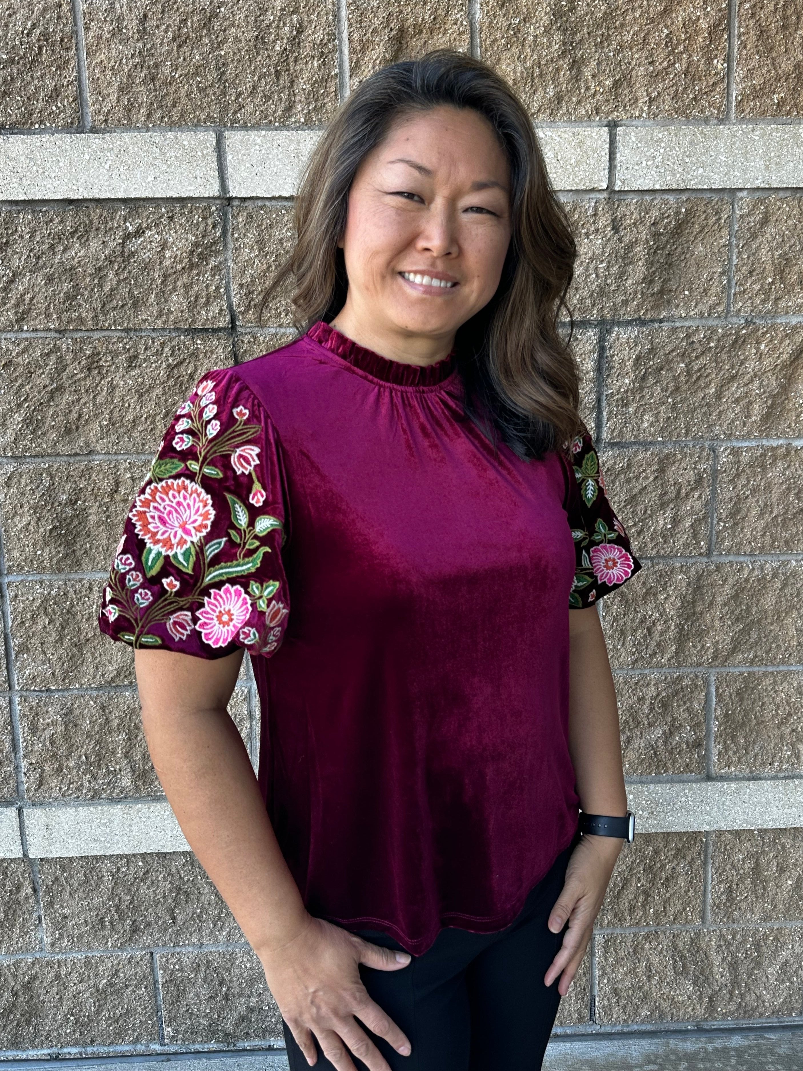 Embroidered Velvet Puff Sleeve Top Wine