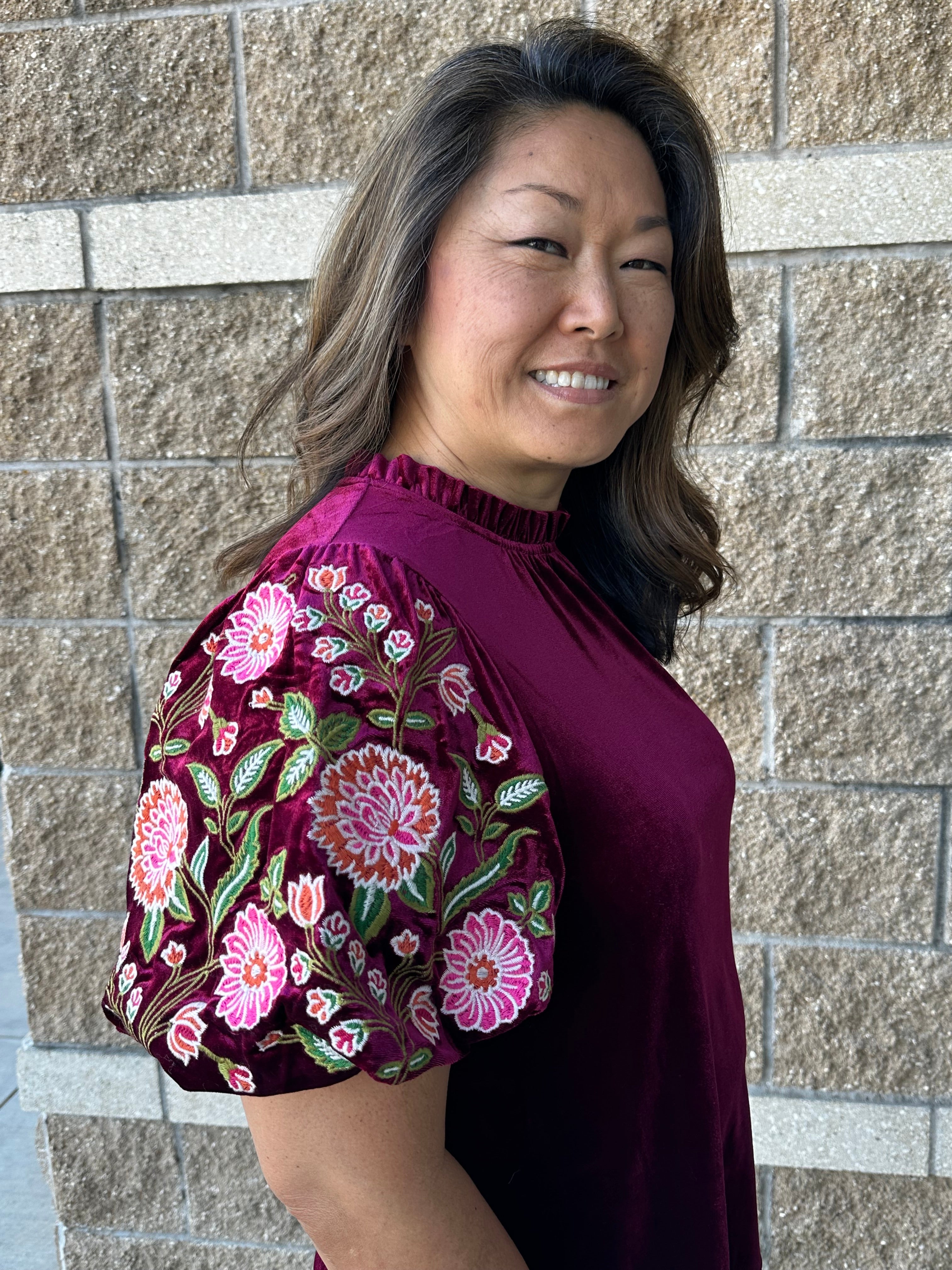 Embroidered Velvet Puff Sleeve Top Wine