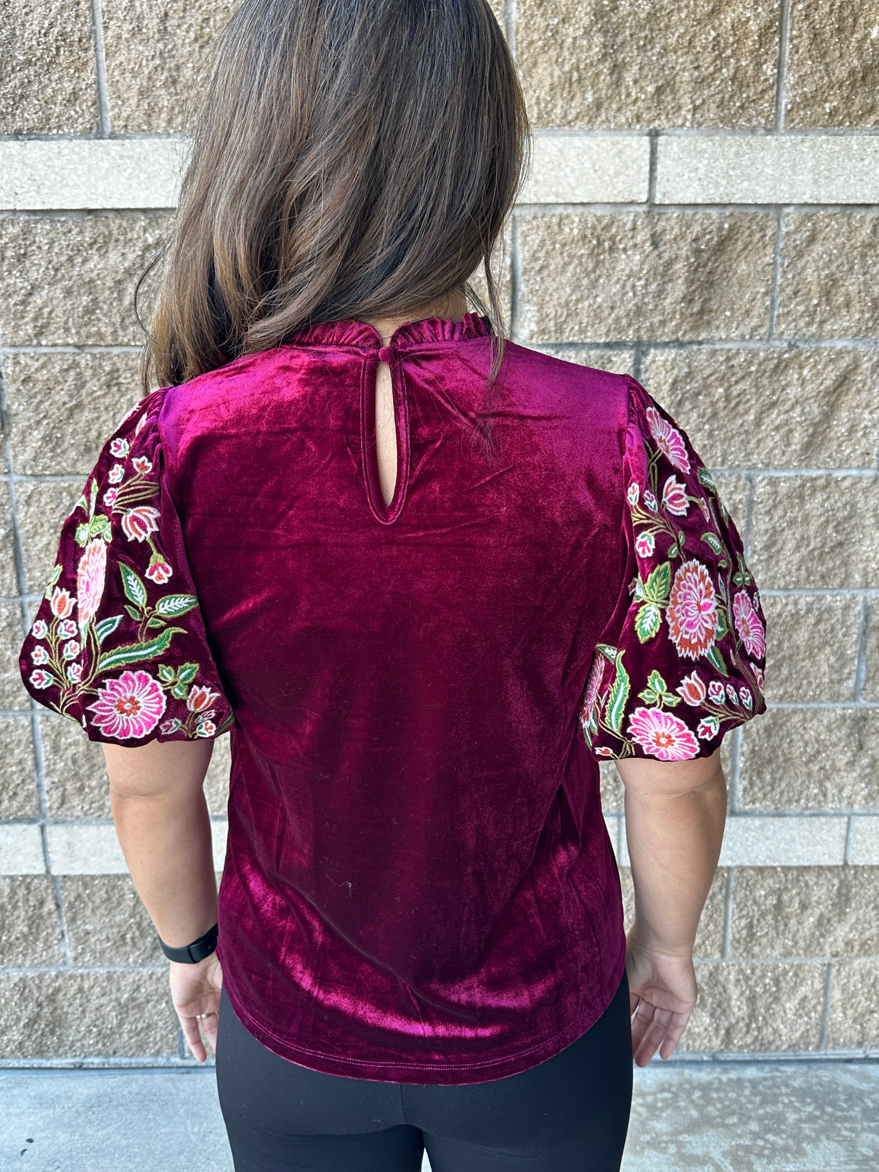 Embroidered Velvet Puff Sleeve Top Wine