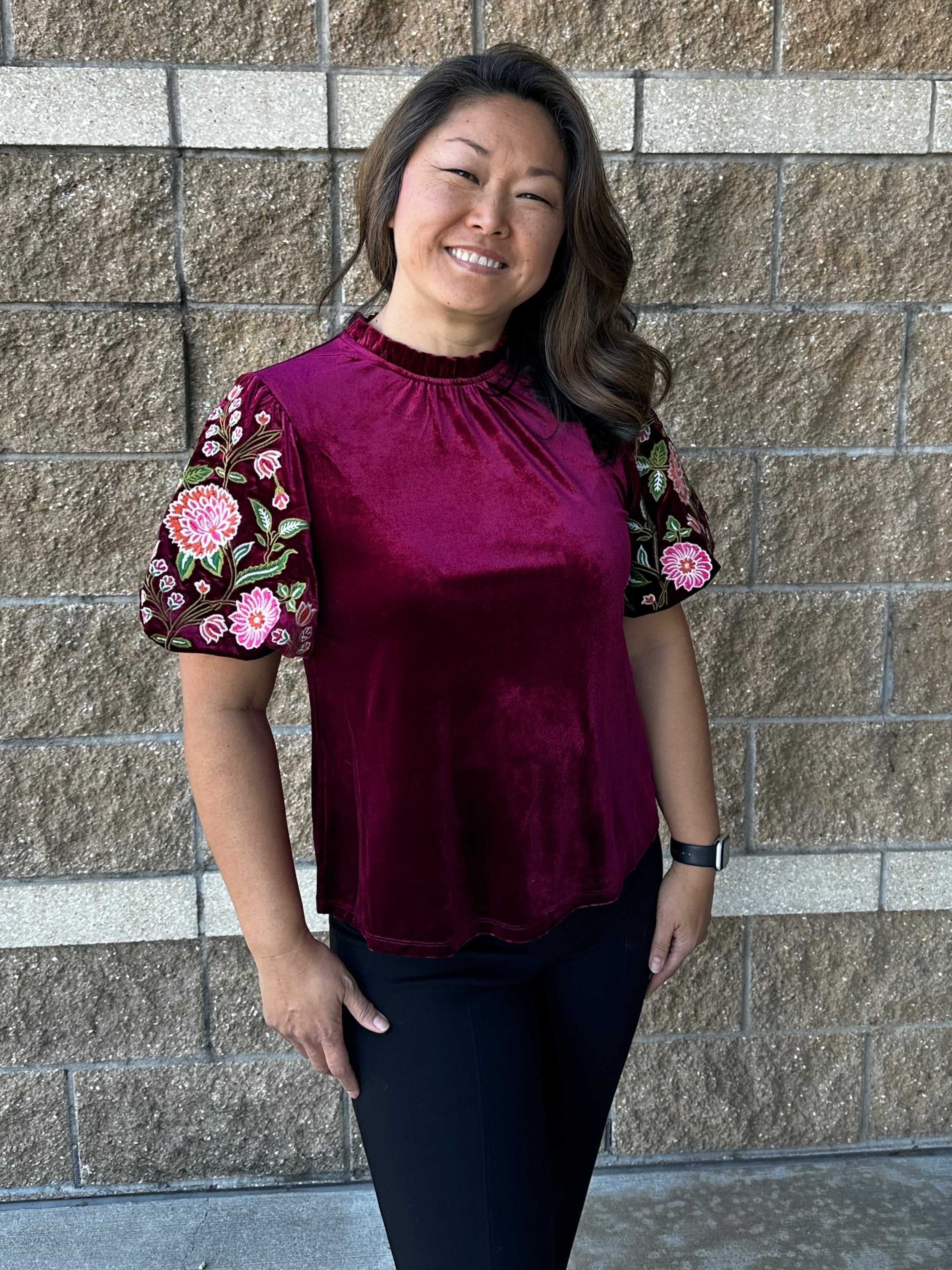 Embroidered Velvet Puff Sleeve Top Wine