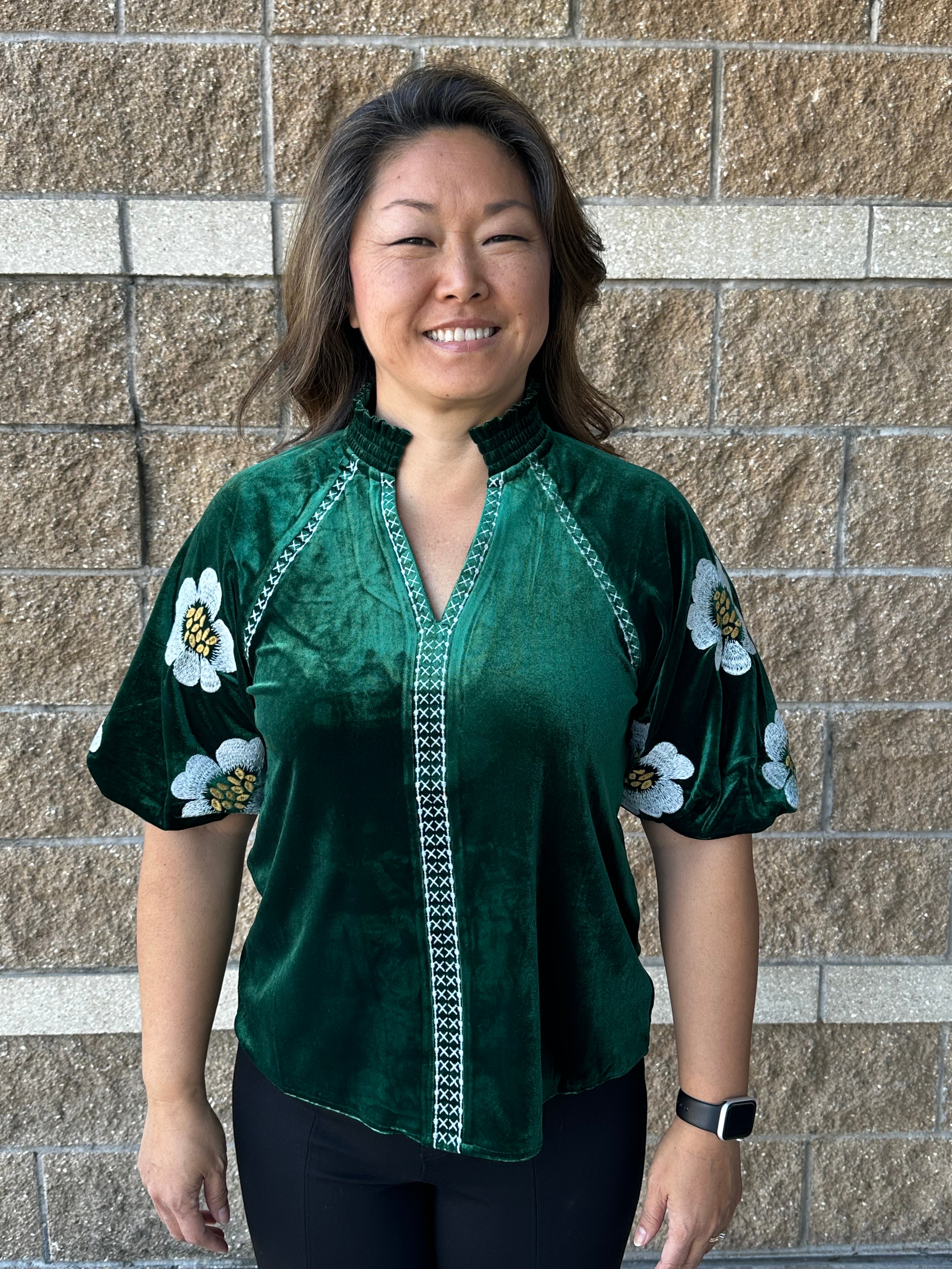 Embroidered Velvet Puff Sleeve Top Dark Green