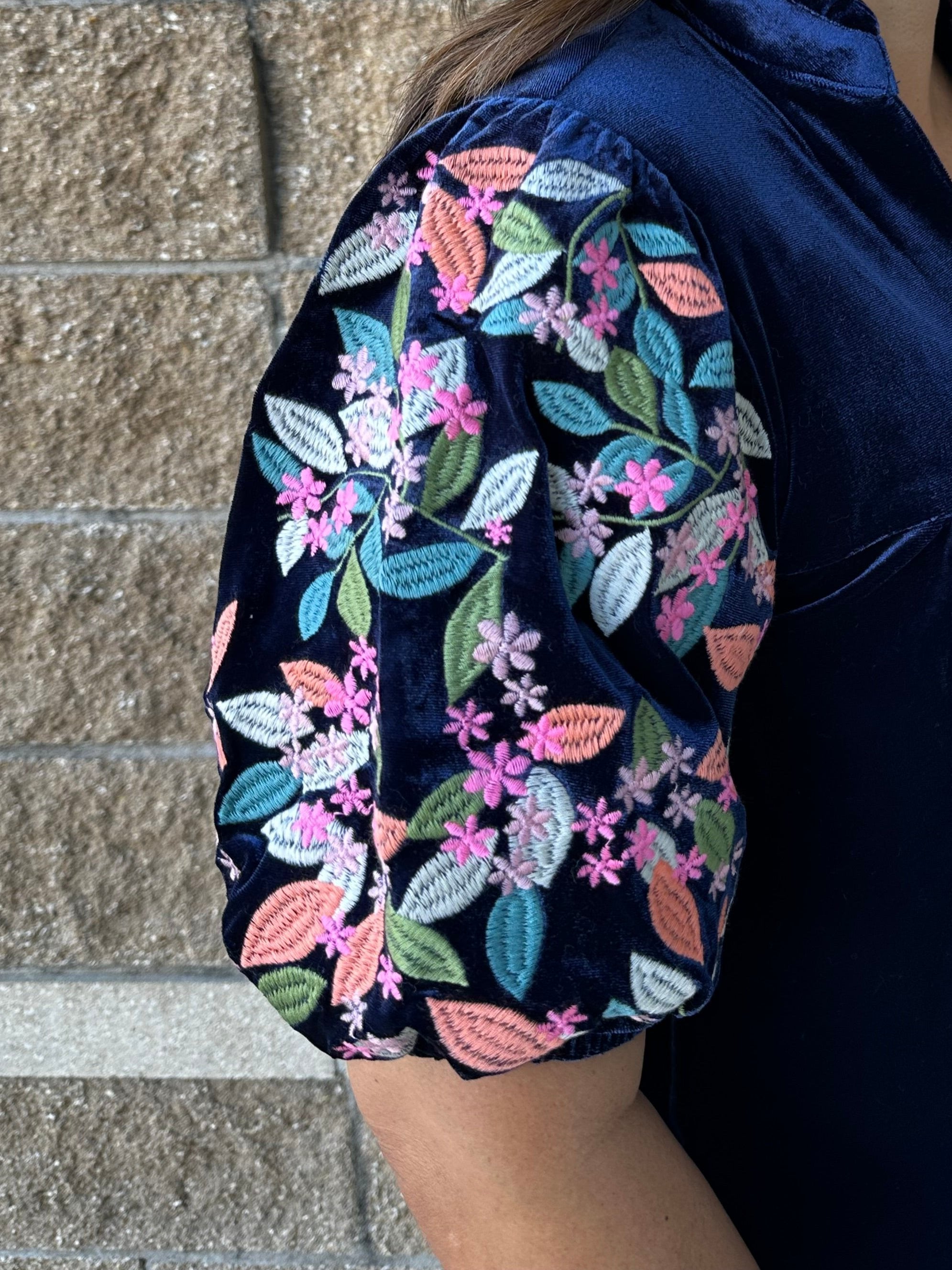 Embroidered Velvet Puff Sleeve Top Navy