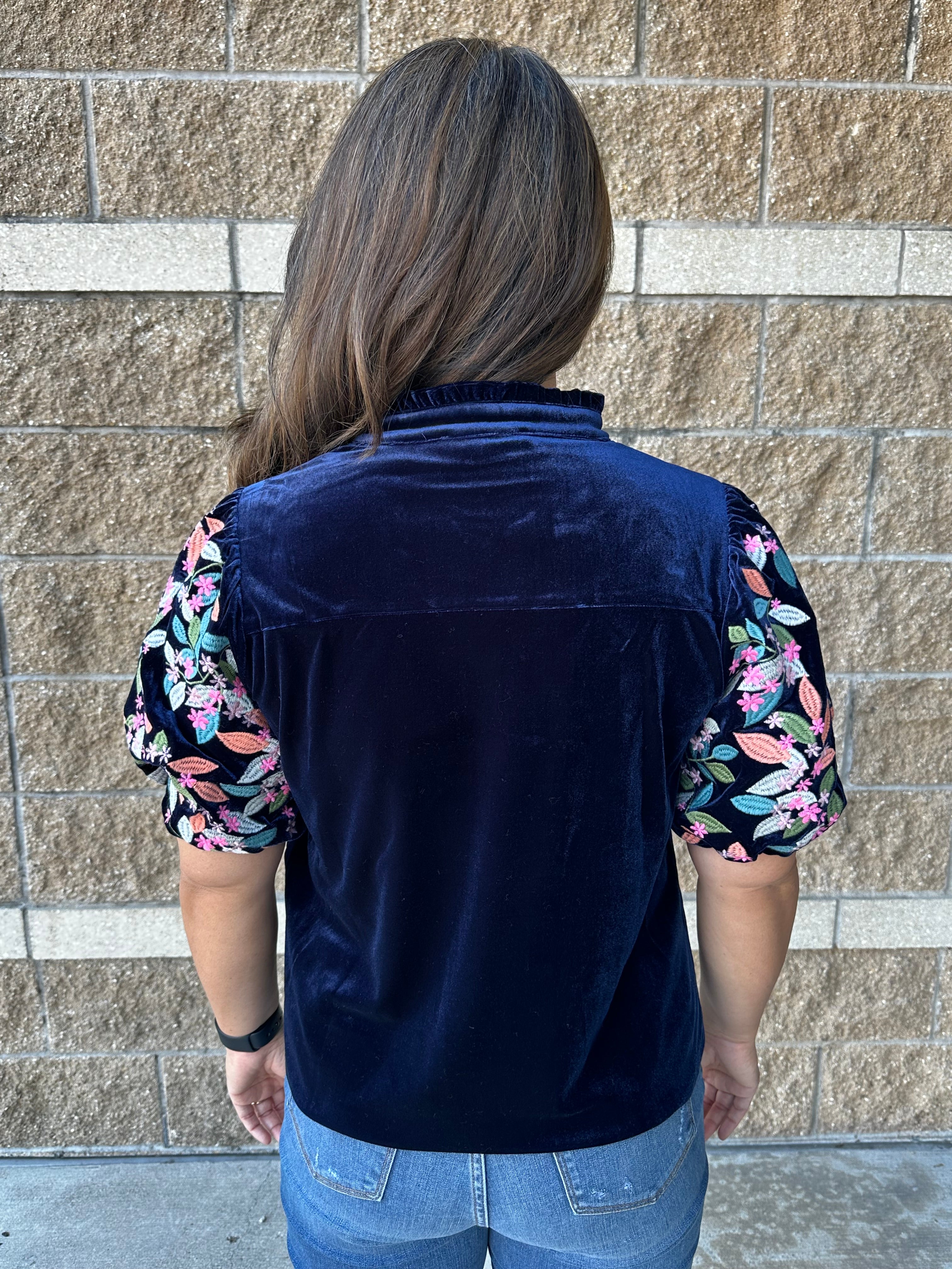 Embroidered Velvet Puff Sleeve Top Navy