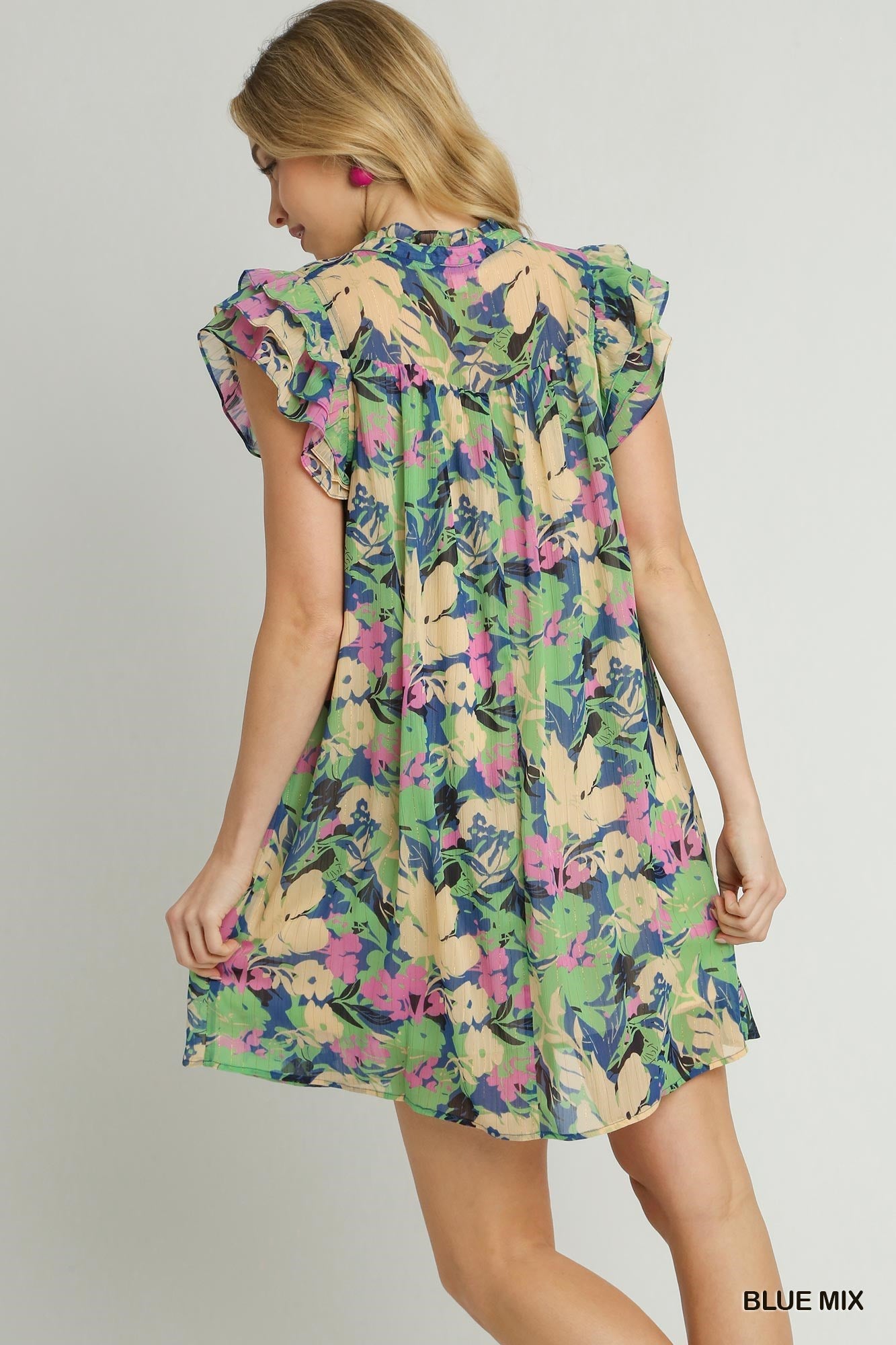 Sale Ruffle Layered Sleeve Lurex Floral Print Tiered A-Line Dress