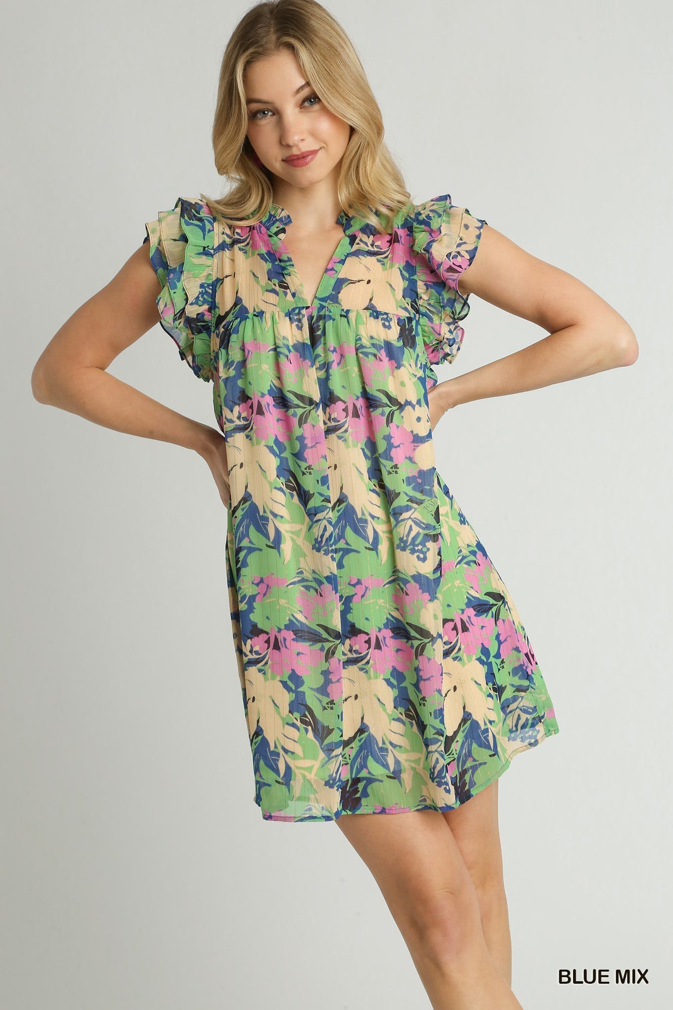 Sale Ruffle Layered Sleeve Lurex Floral Print Tiered A-Line Dress