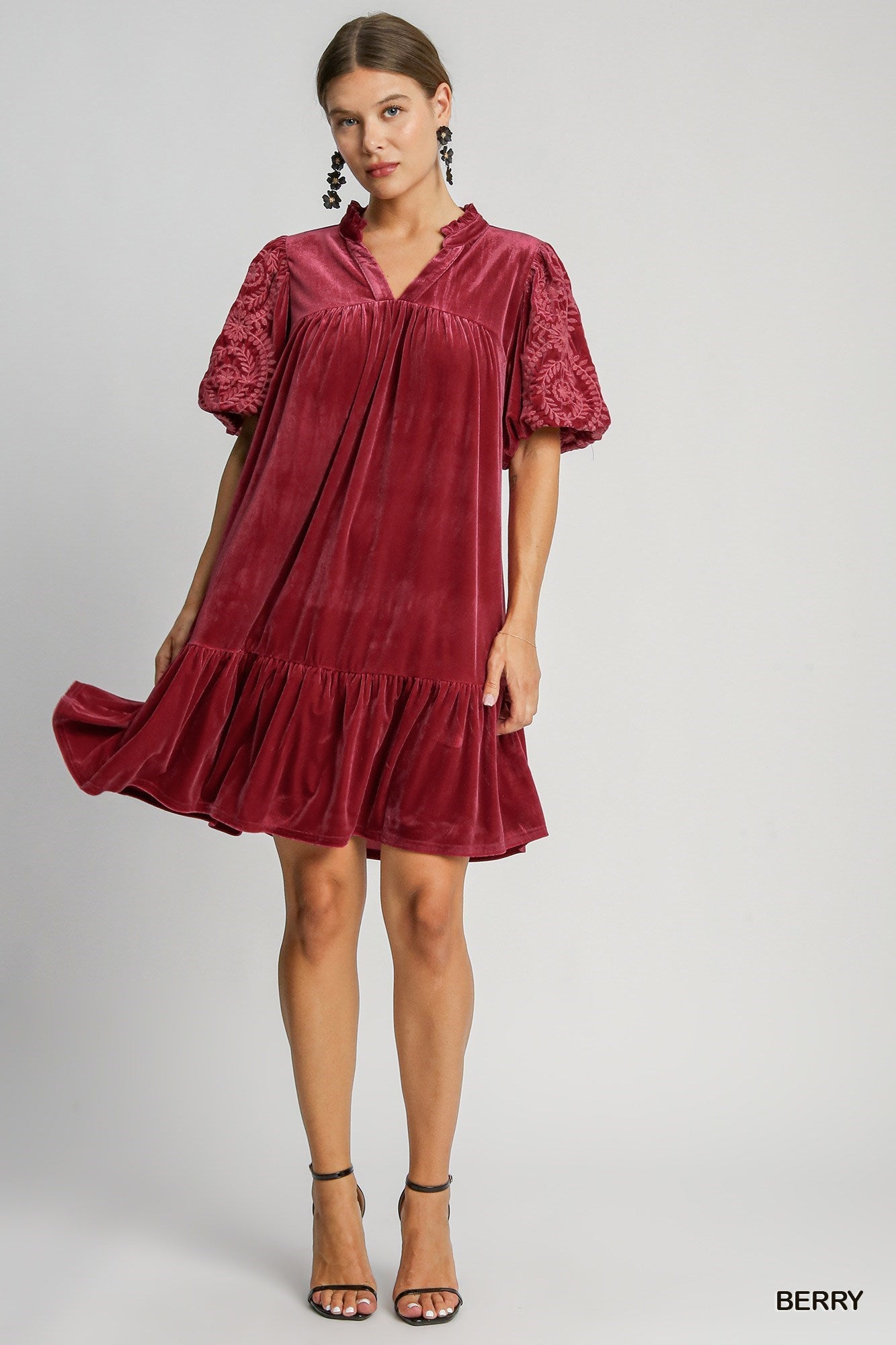 Embroidered Bubble Sleeve Ruffle Collar Velvet Dress