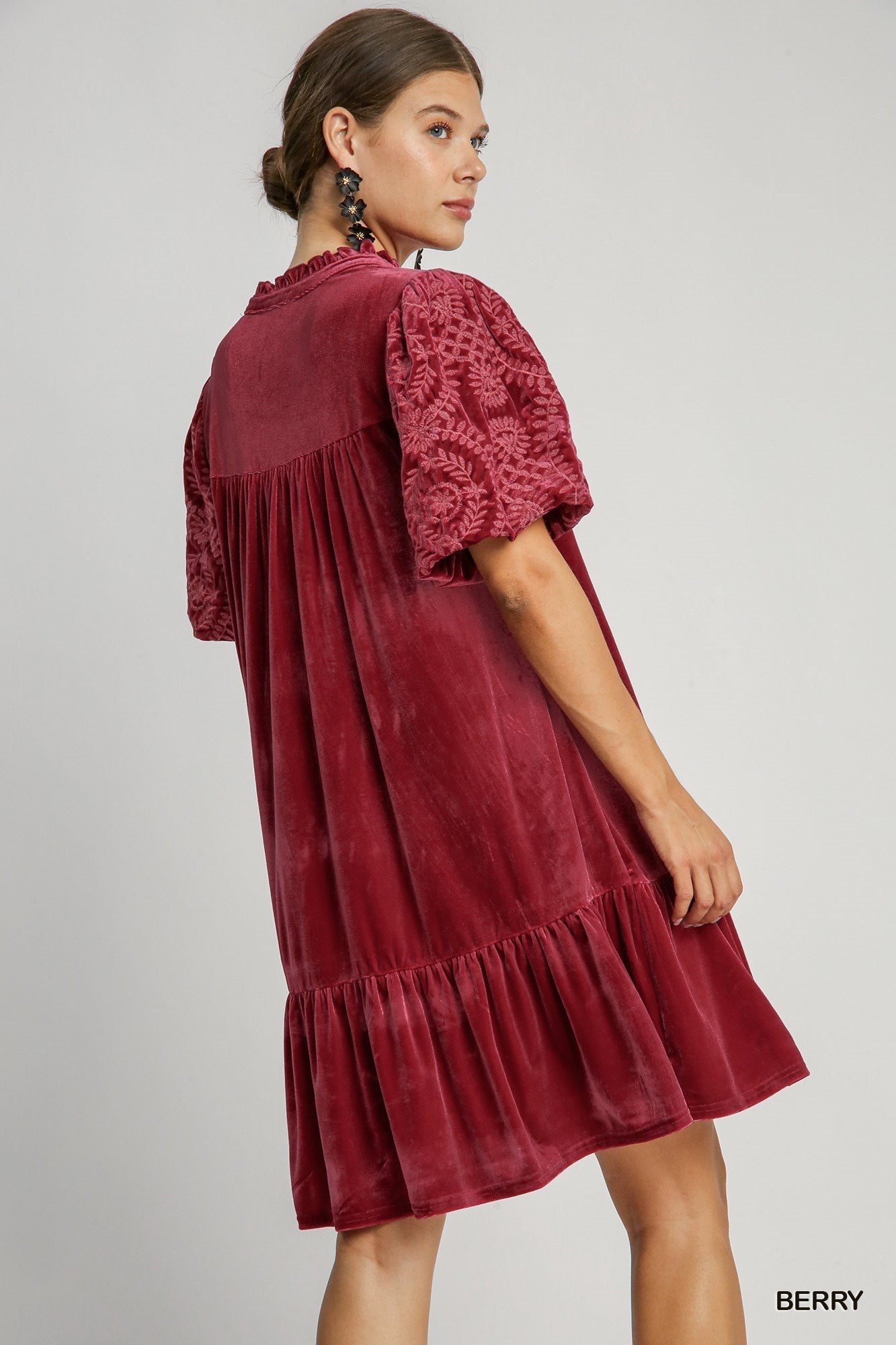 Embroidered Bubble Sleeve Ruffle Collar Velvet Dress