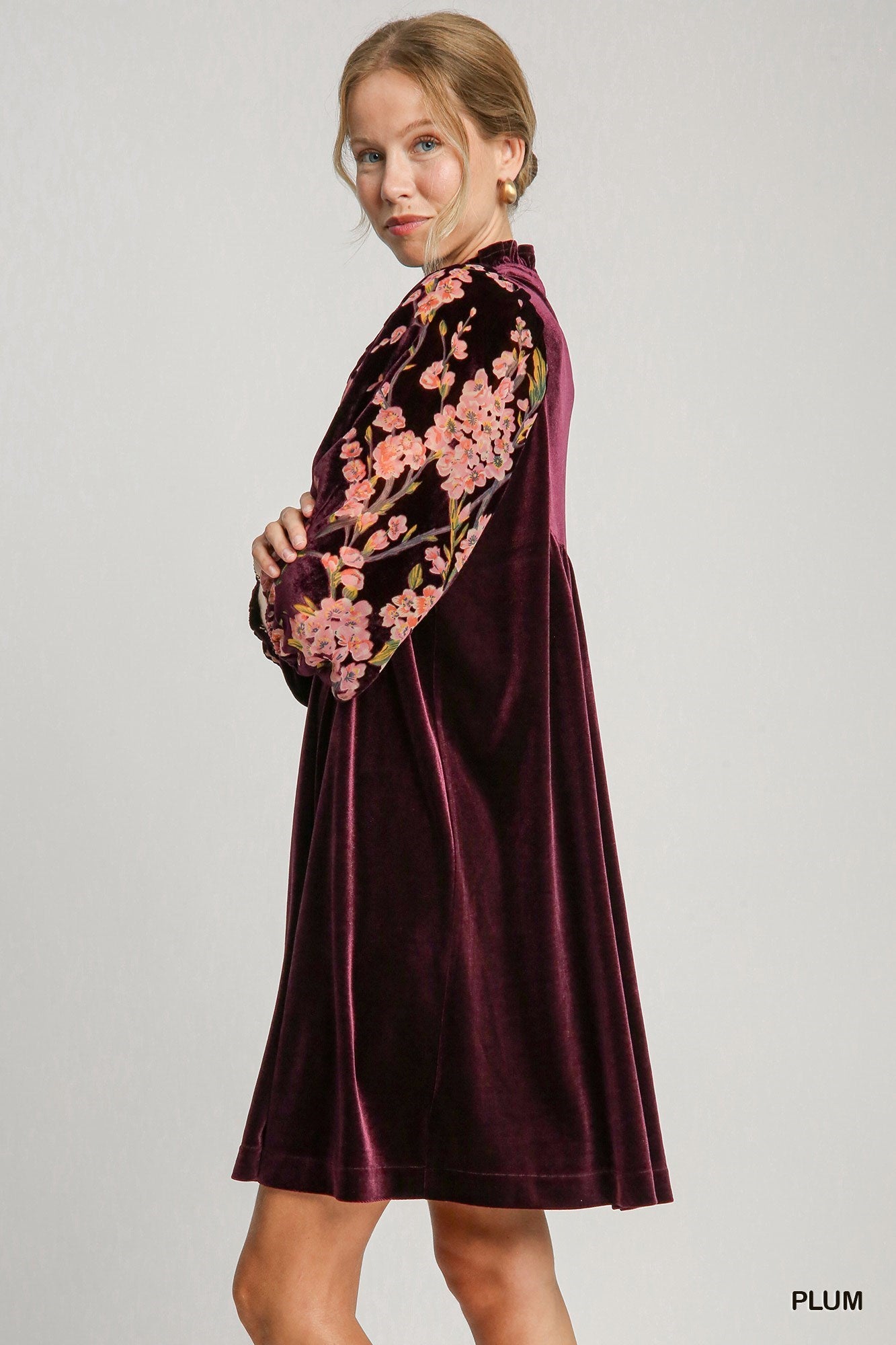 Ruffle High Neck 3/4 Sleeve Velvet Dress