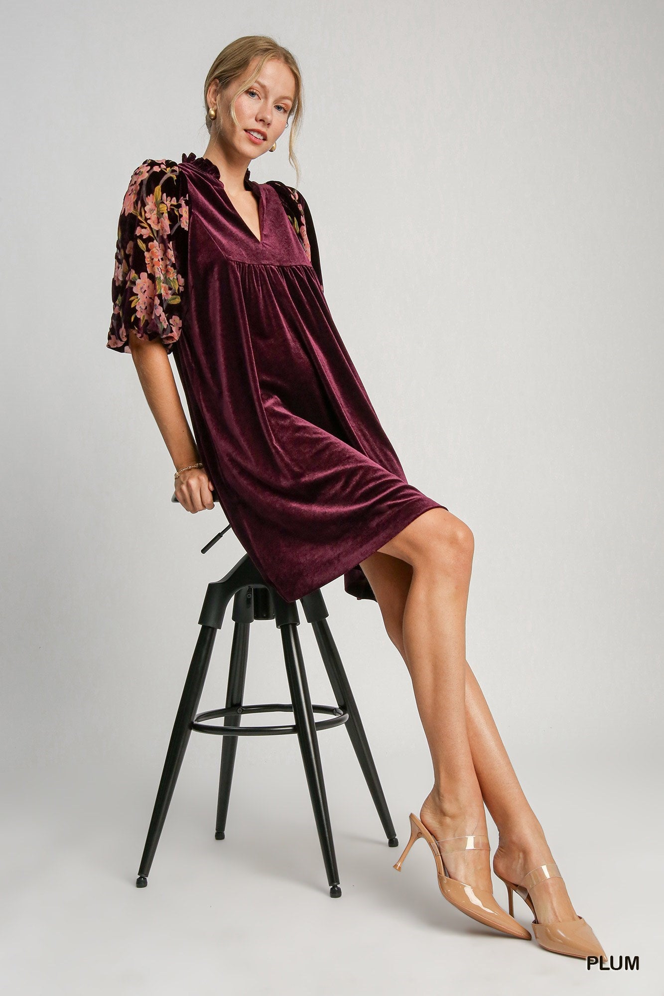 Ruffle High Neck 3/4 Sleeve Velvet Dress