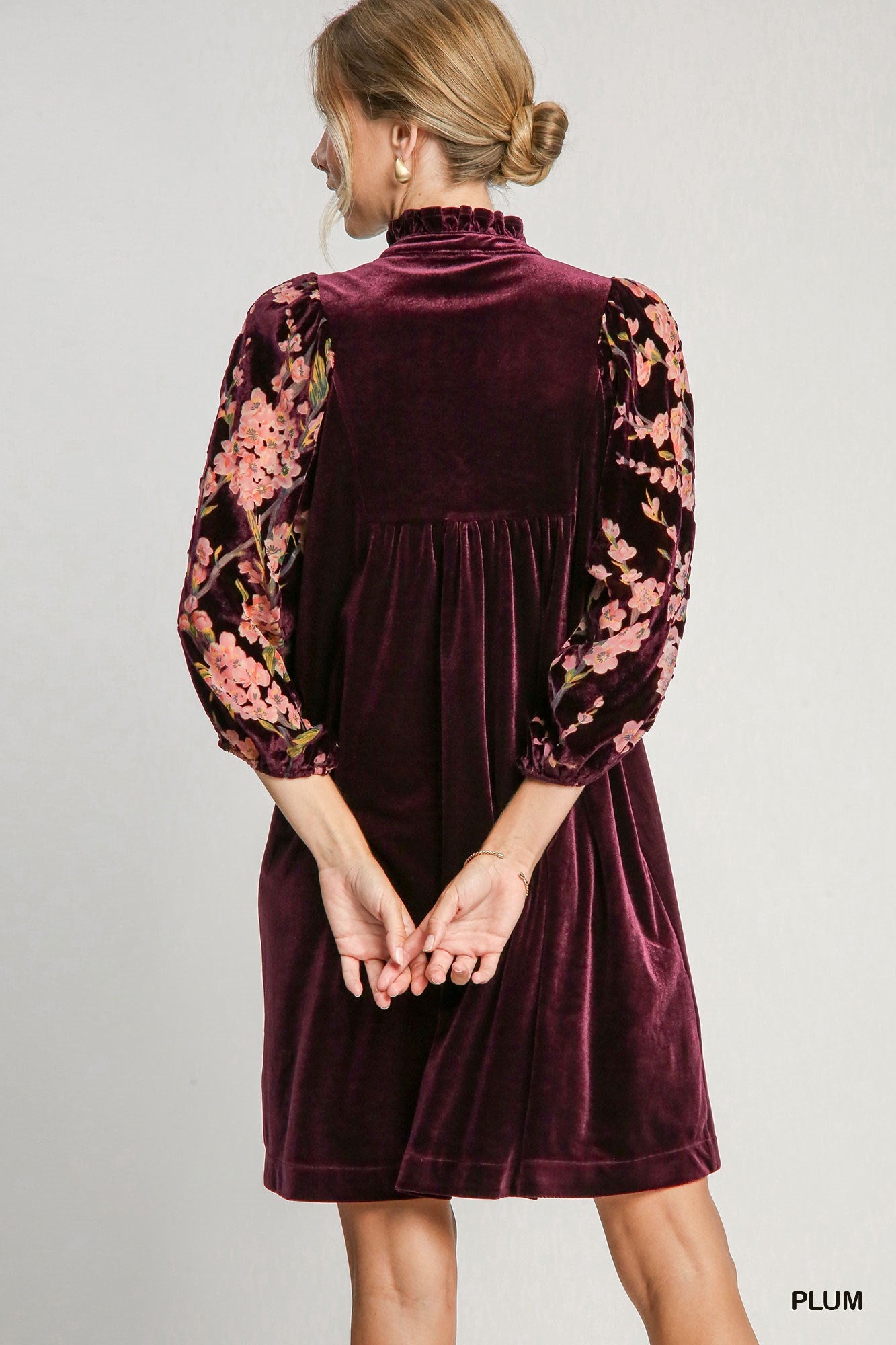 Ruffle High Neck 3/4 Sleeve Velvet Dress