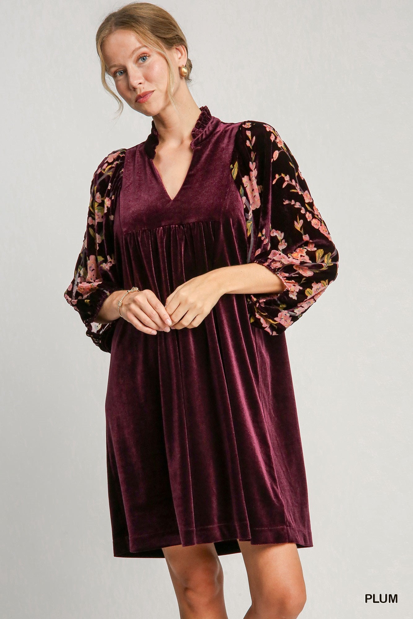 Ruffle High Neck 3/4 Sleeve Velvet Dress