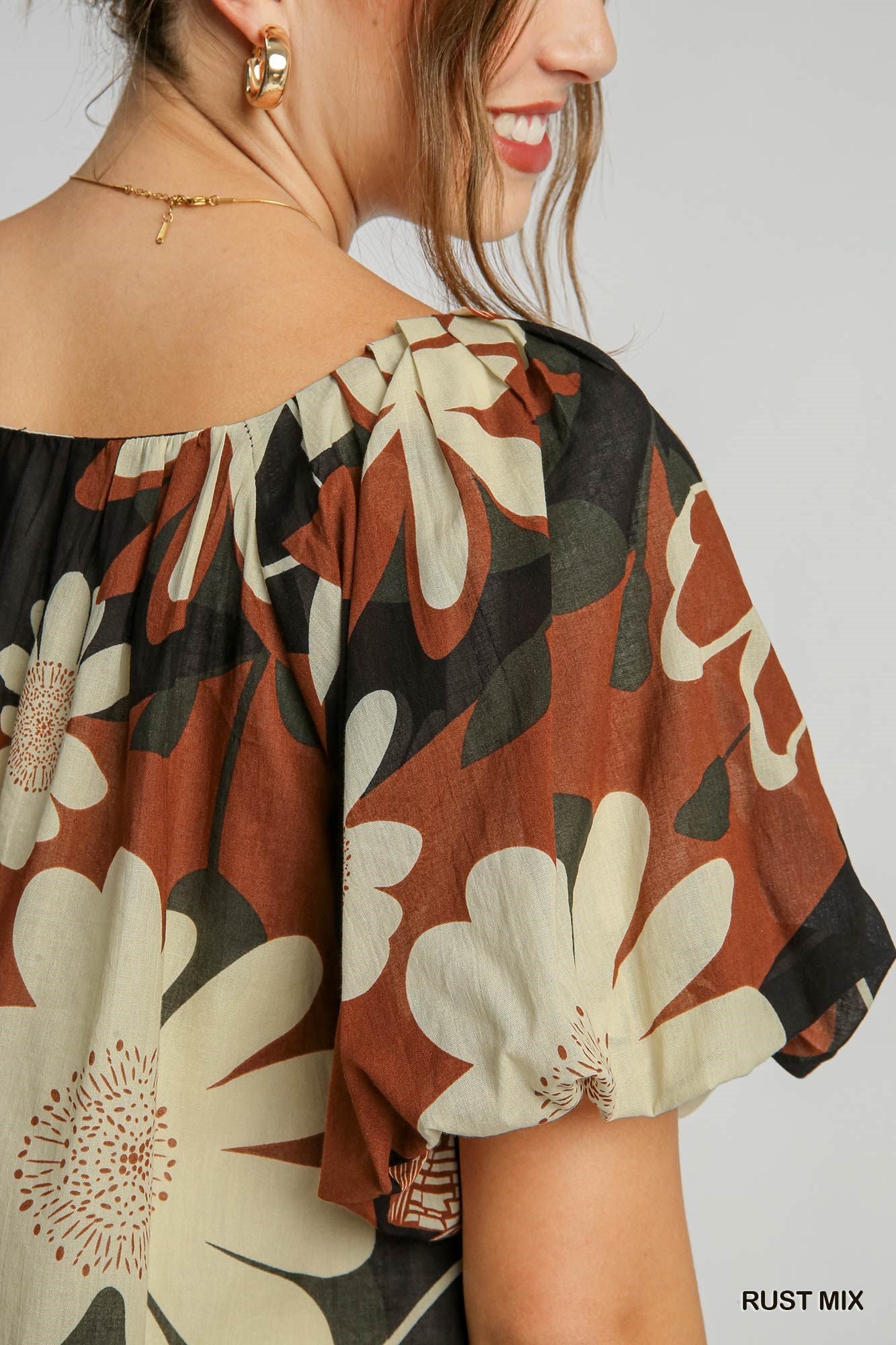 Sale Puff Sleeve Abstract Print Round Neck Top