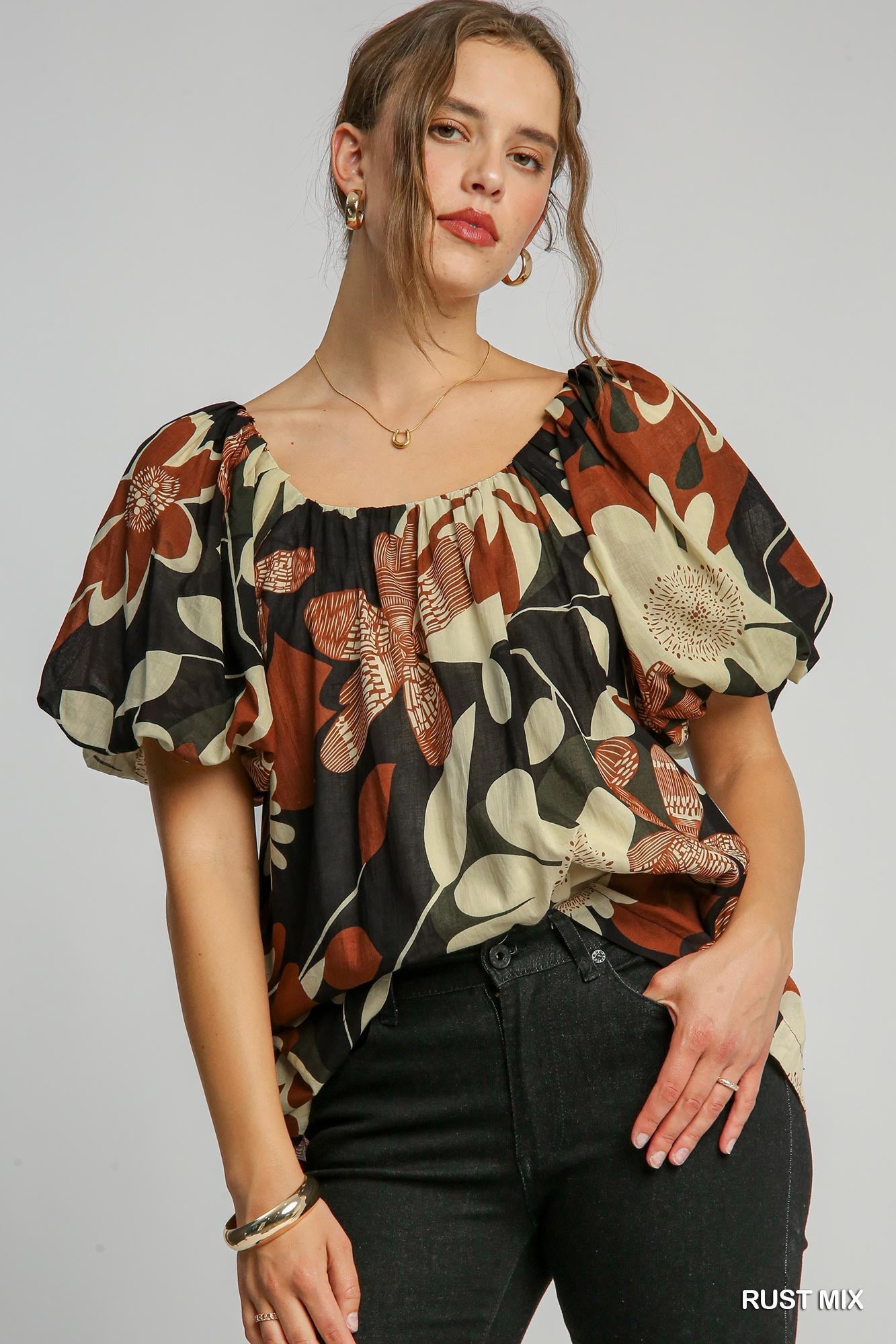 Sale Puff Sleeve Abstract Print Round Neck Top