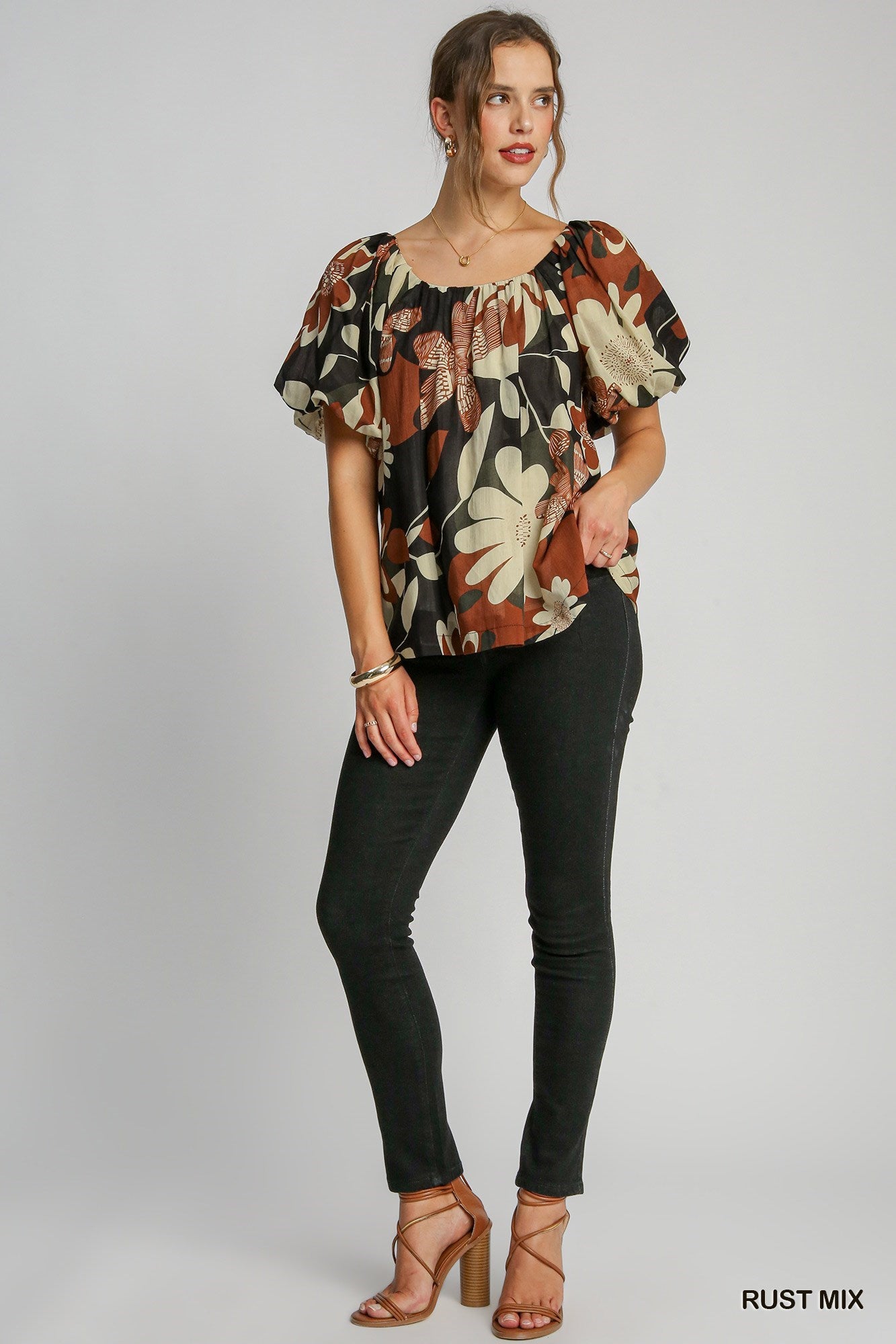 Sale Puff Sleeve Abstract Print Round Neck Top