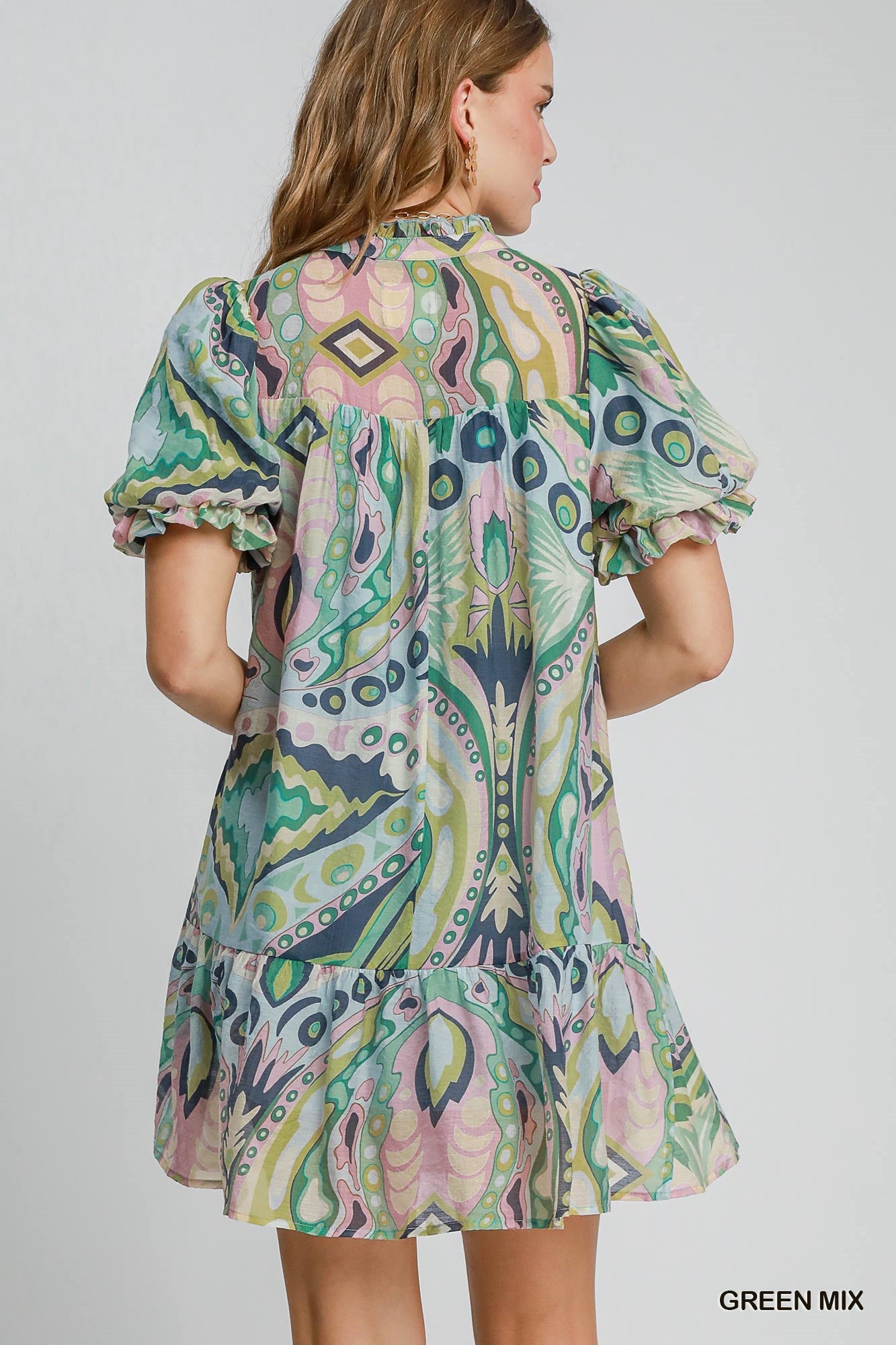 Puff Short Sleeve Abstract Print Dress