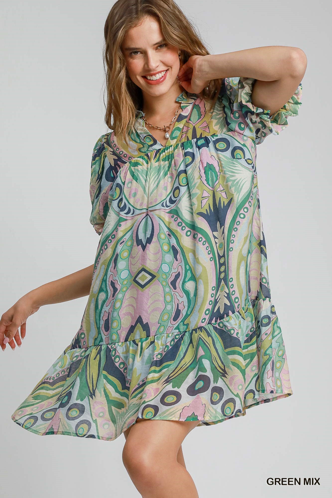 Puff Short Sleeve Abstract Print Dress