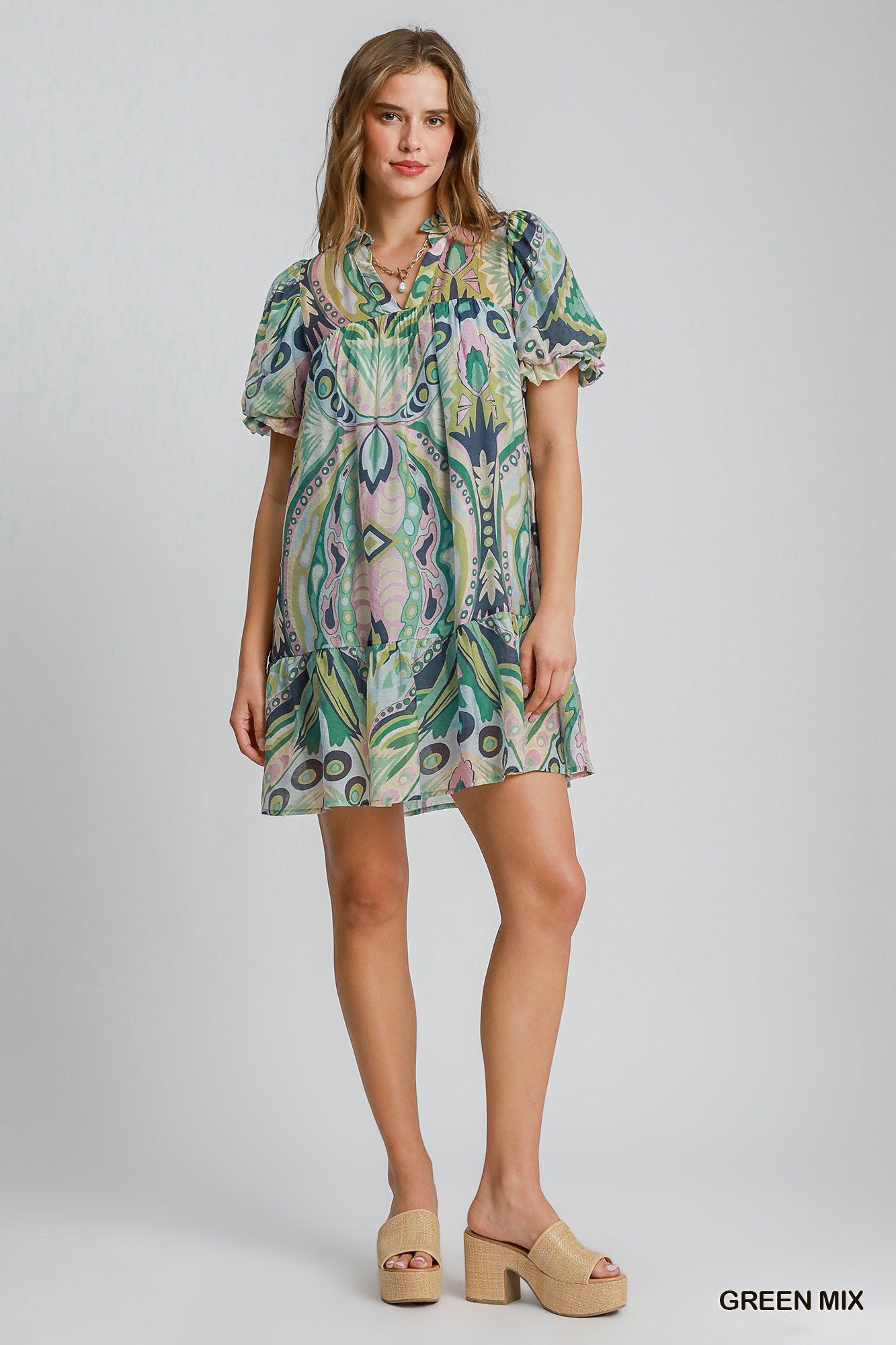 Puff Short Sleeve Abstract Print Dress