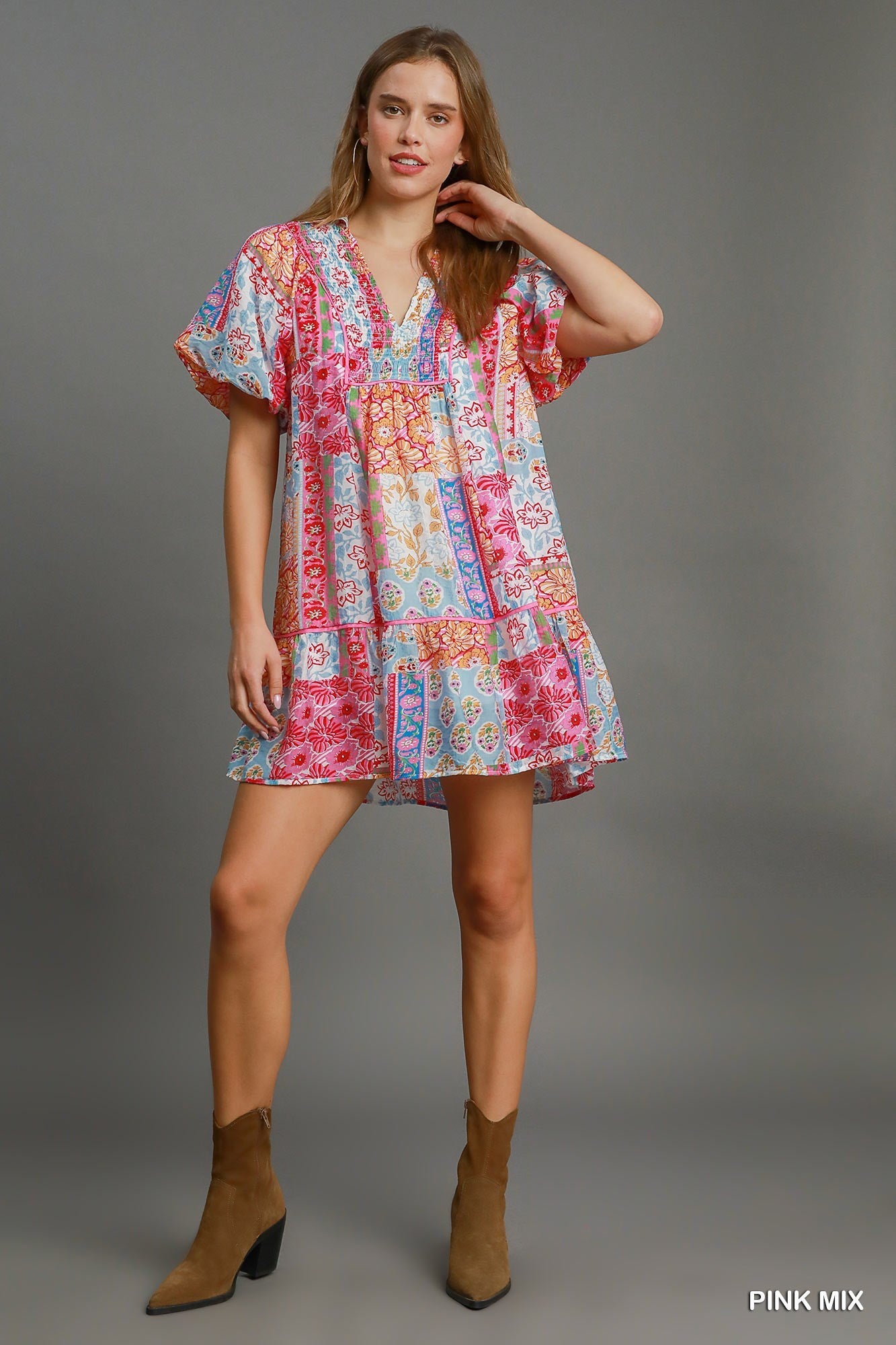 Short  Puff Sleeve Patchwork Dress