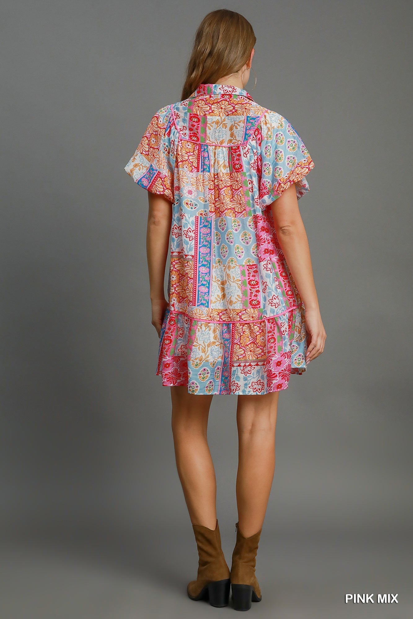 Short  Puff Sleeve Patchwork Dress