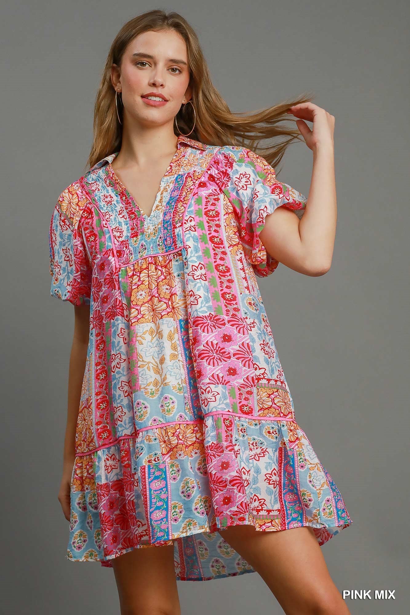 Short  Puff Sleeve Patchwork Dress