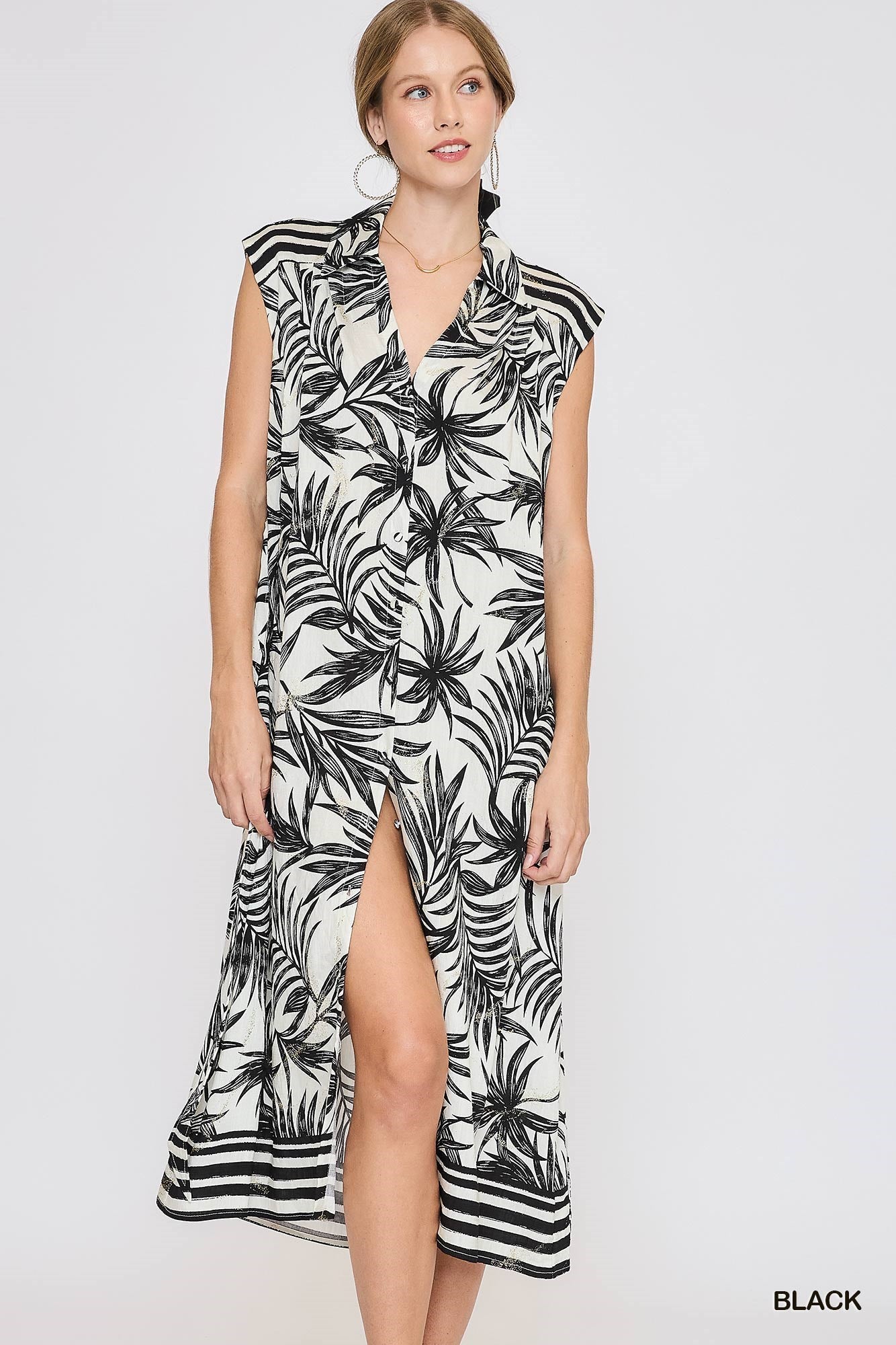 Tropical Print Button Down Midi Dress