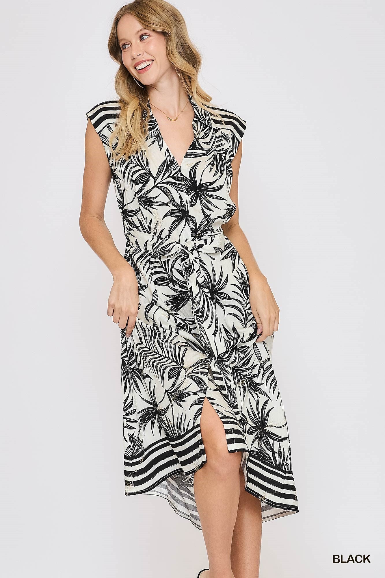 Tropical Print Button Down Midi Dress