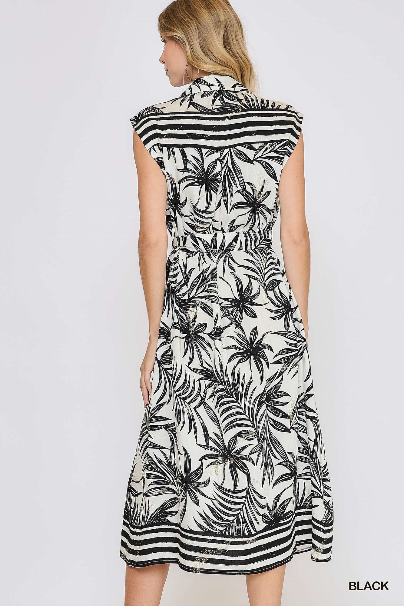 Tropical Print Button Down Midi Dress