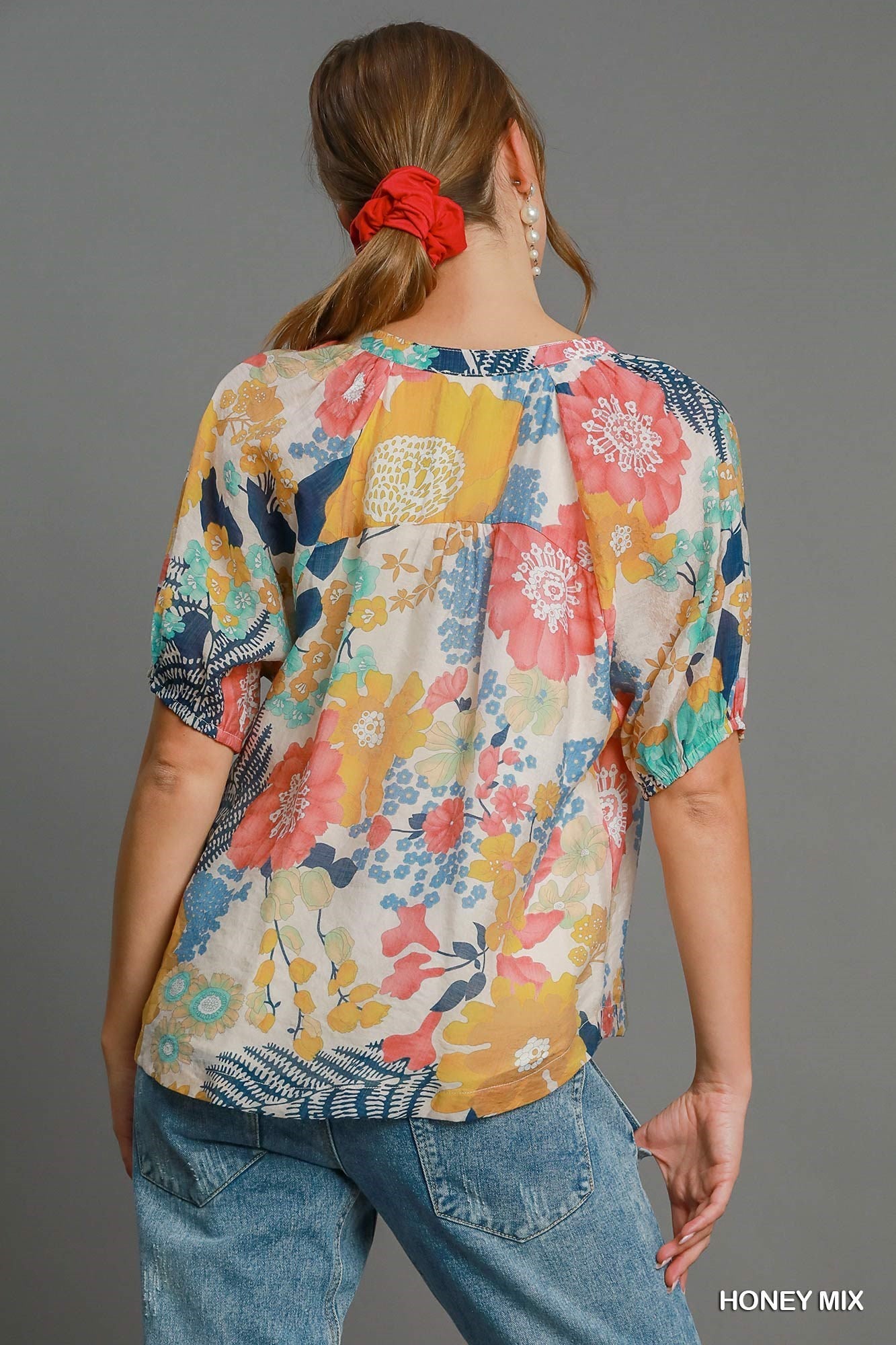 Puff Sleeve Floral Print w/Button Detail