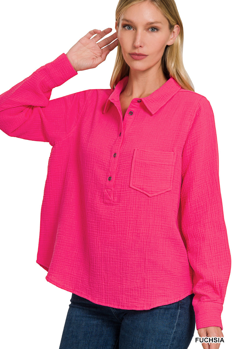 Double Gauze 3/4 Button Collared Shirt Fuchsia