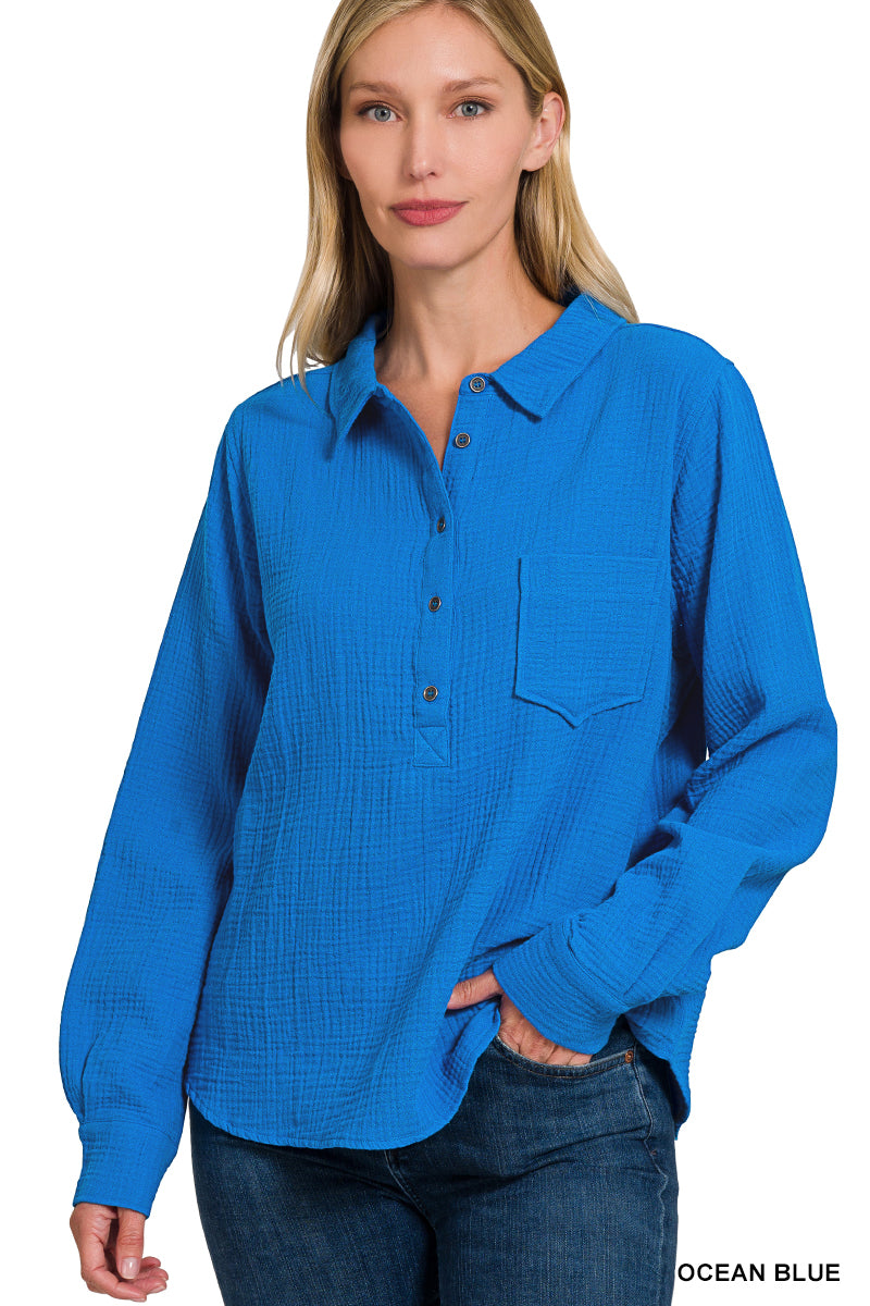 Double Gauze 3/4 Button Collared Shirt Ocean Blue