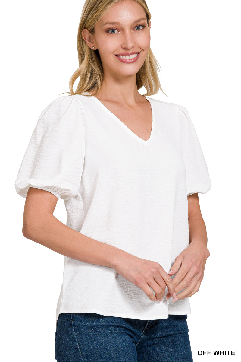 Woven V-Neck Puff Sleeve Top Off White