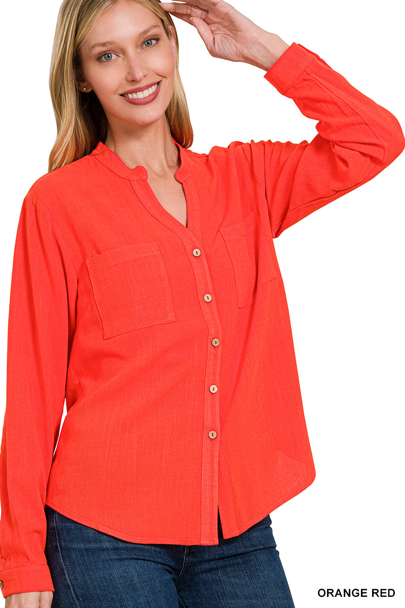 Linen Henely Neckline Long Sleeve Button Down Top