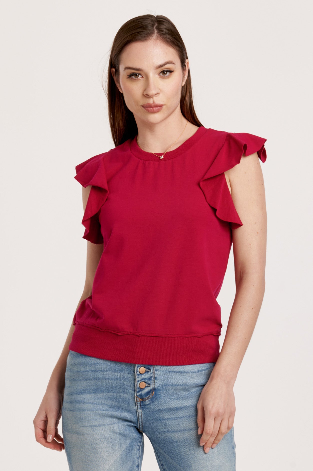 Raw Edge Ruffle Sleeve Sweatshirt Ruby Pink