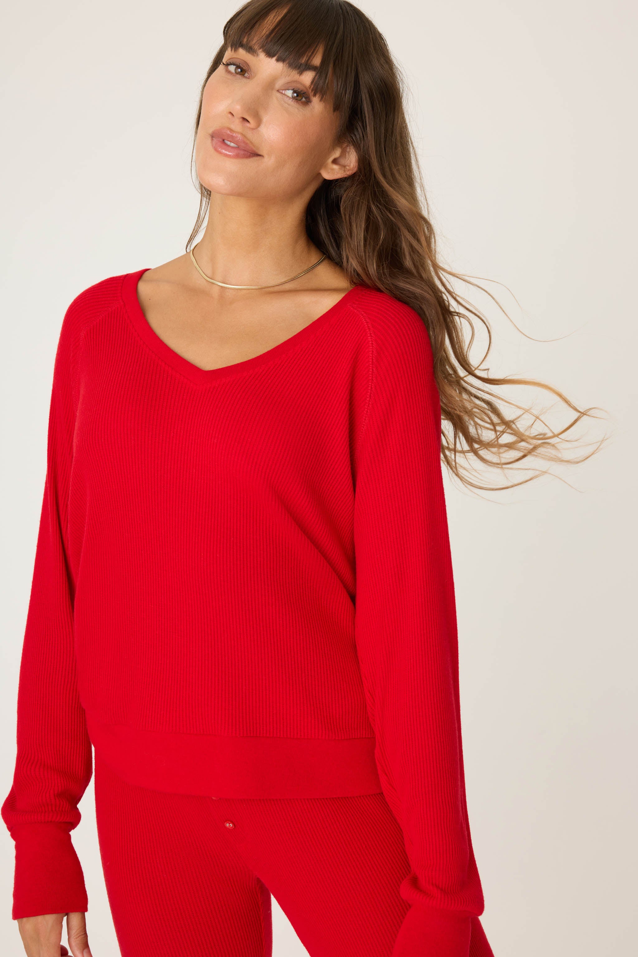 Long Sleeve Textured Knit Top Red