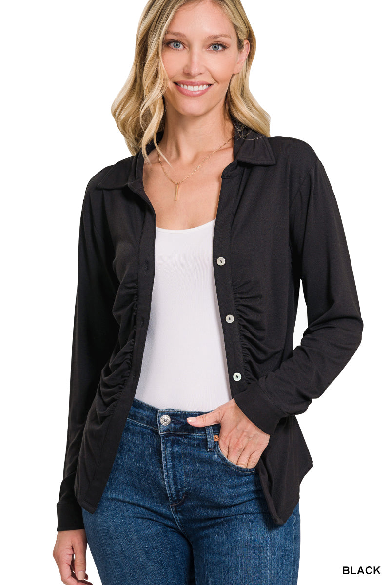 Stretchy Button Down Shirt w/Ruched Detail Black