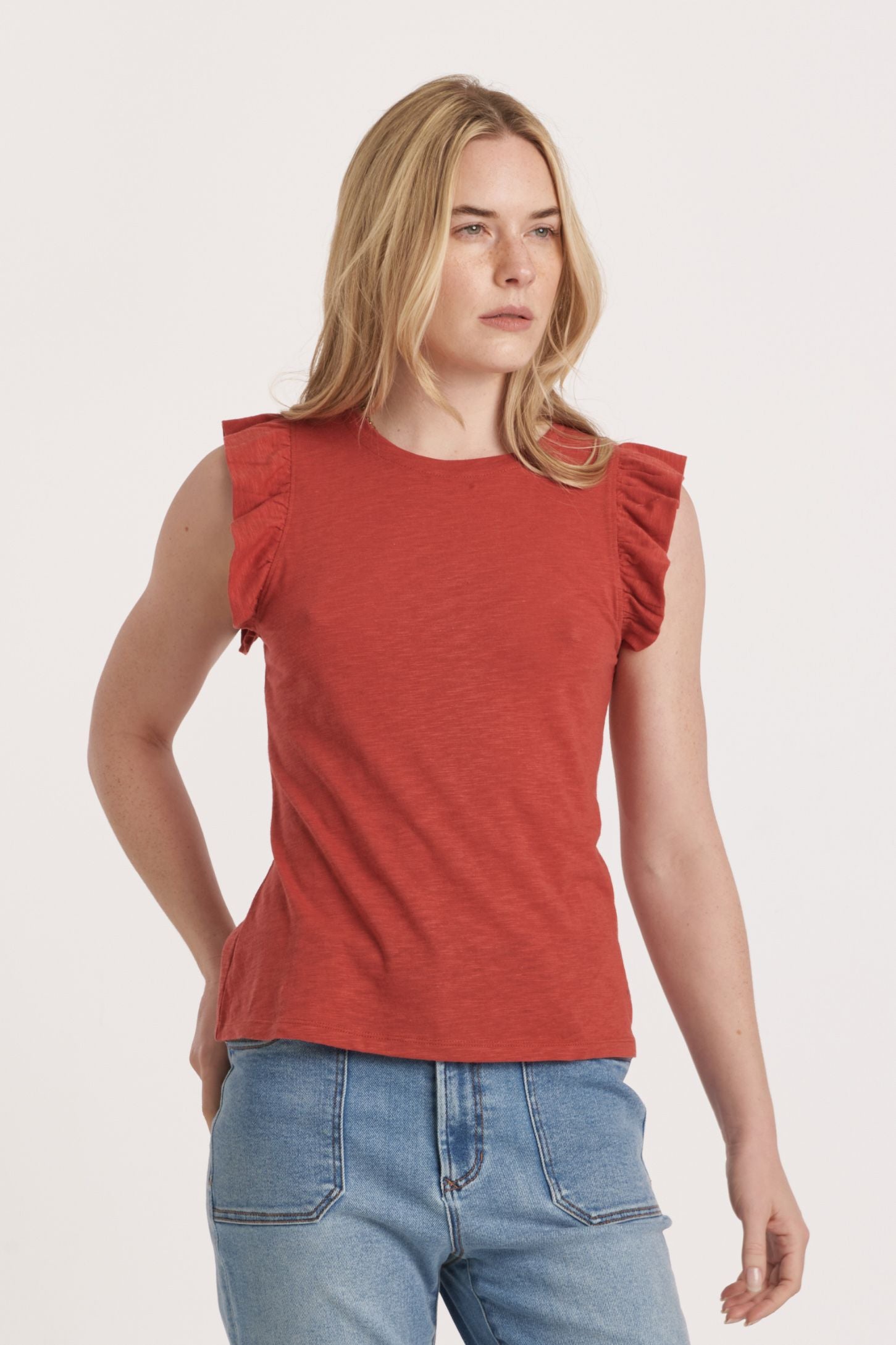 North Ruffle Trimmed Top Pomegranate